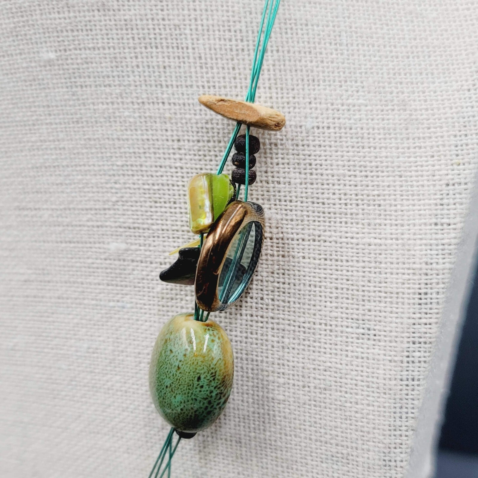 Premier Designs Necklace Green Pottery Beads Blue Thread 18"-21"