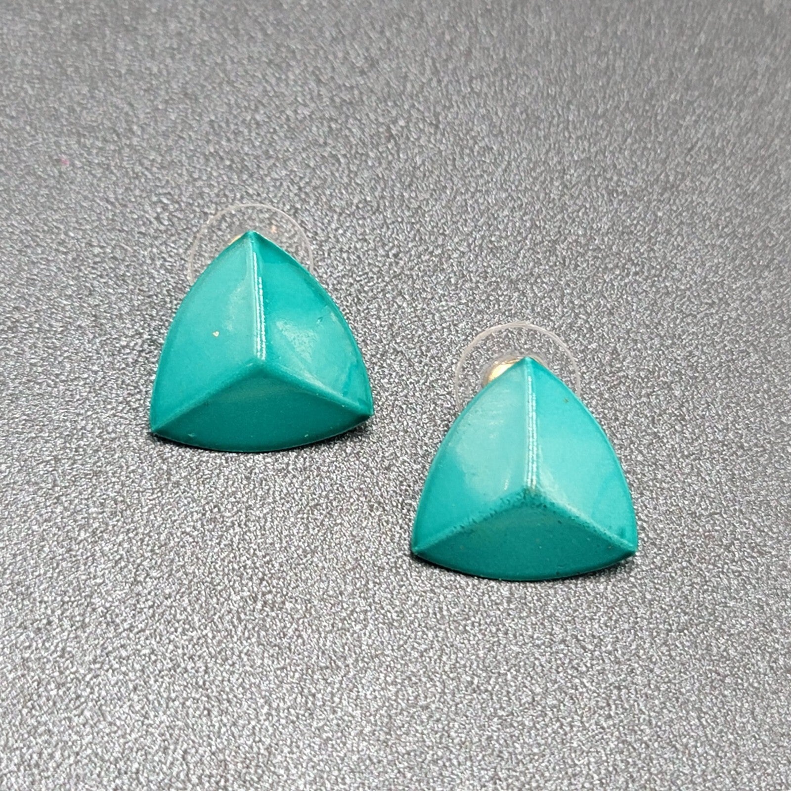 Vintage Pierced Earrings Teal Enamel over Metal Triangle Studs 3/4"