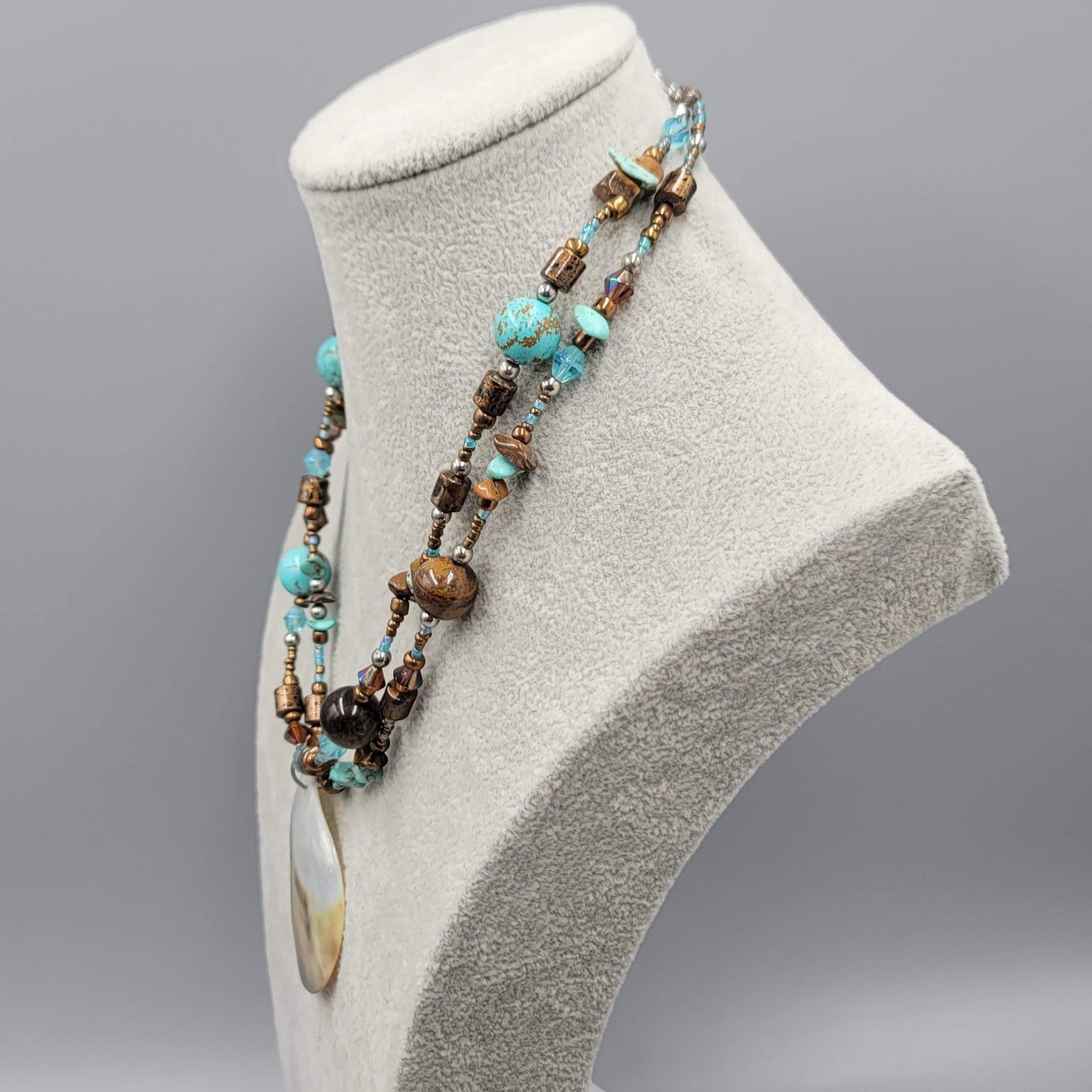 Real Shell Pendant Necklace Tigers Eye Blue Howlite Glass Bead 16"-20"