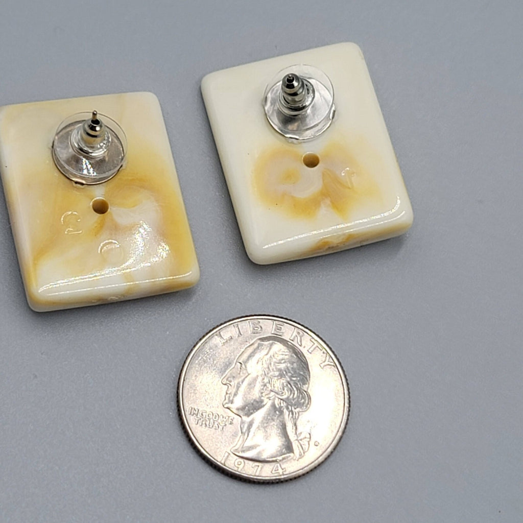 Vintage Pierced Earrings Acrylic Rectangle Drop Beige Tan Swirl 1.25"