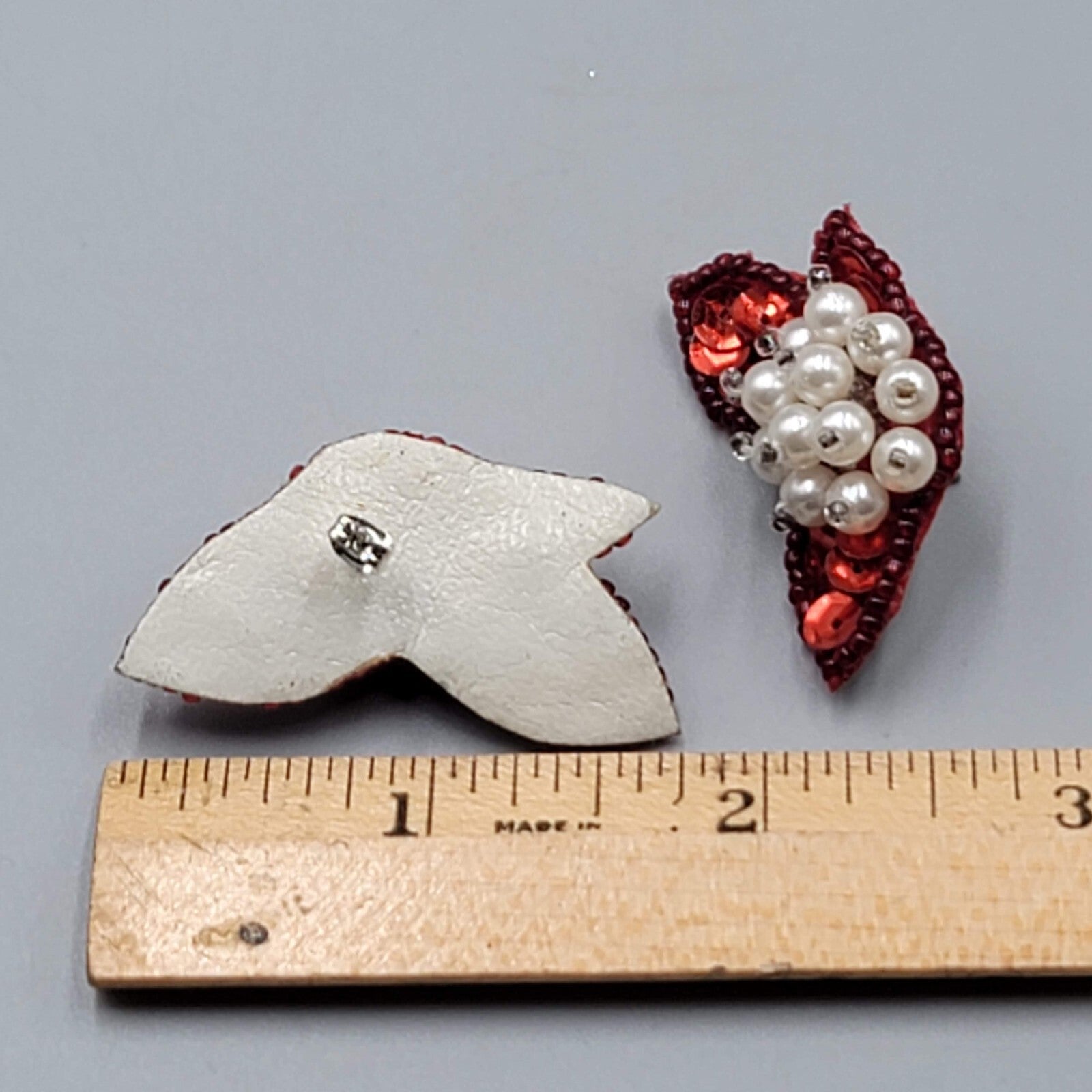 Vintage Red Sequin Statement Pierced Earrings White Bead Drop 1.5"