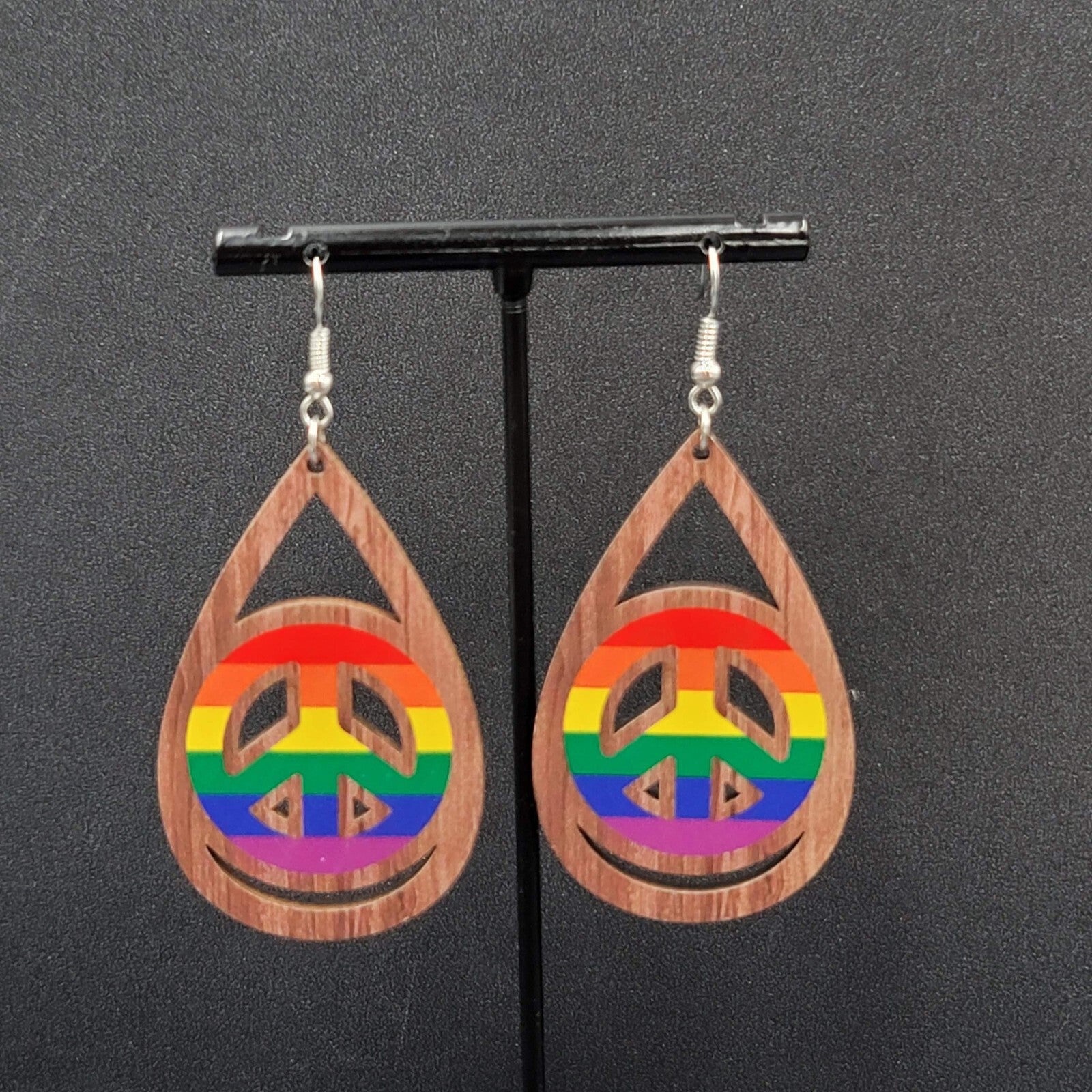 New PRIDE Peace Sign Pierced Earrings Rainbow Wood Teardrop Dangle 2.25"