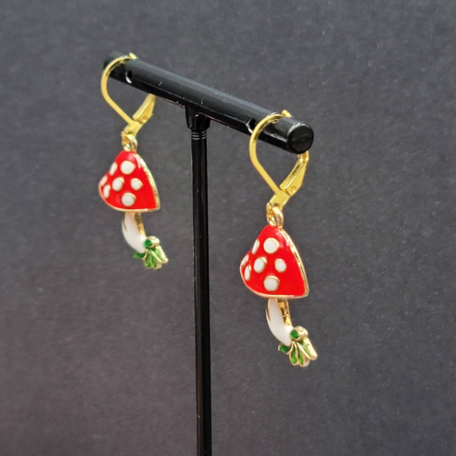 Mushroom Pierced Earrings Gold tone Enamel Red White Polka Dot Dangle 1"