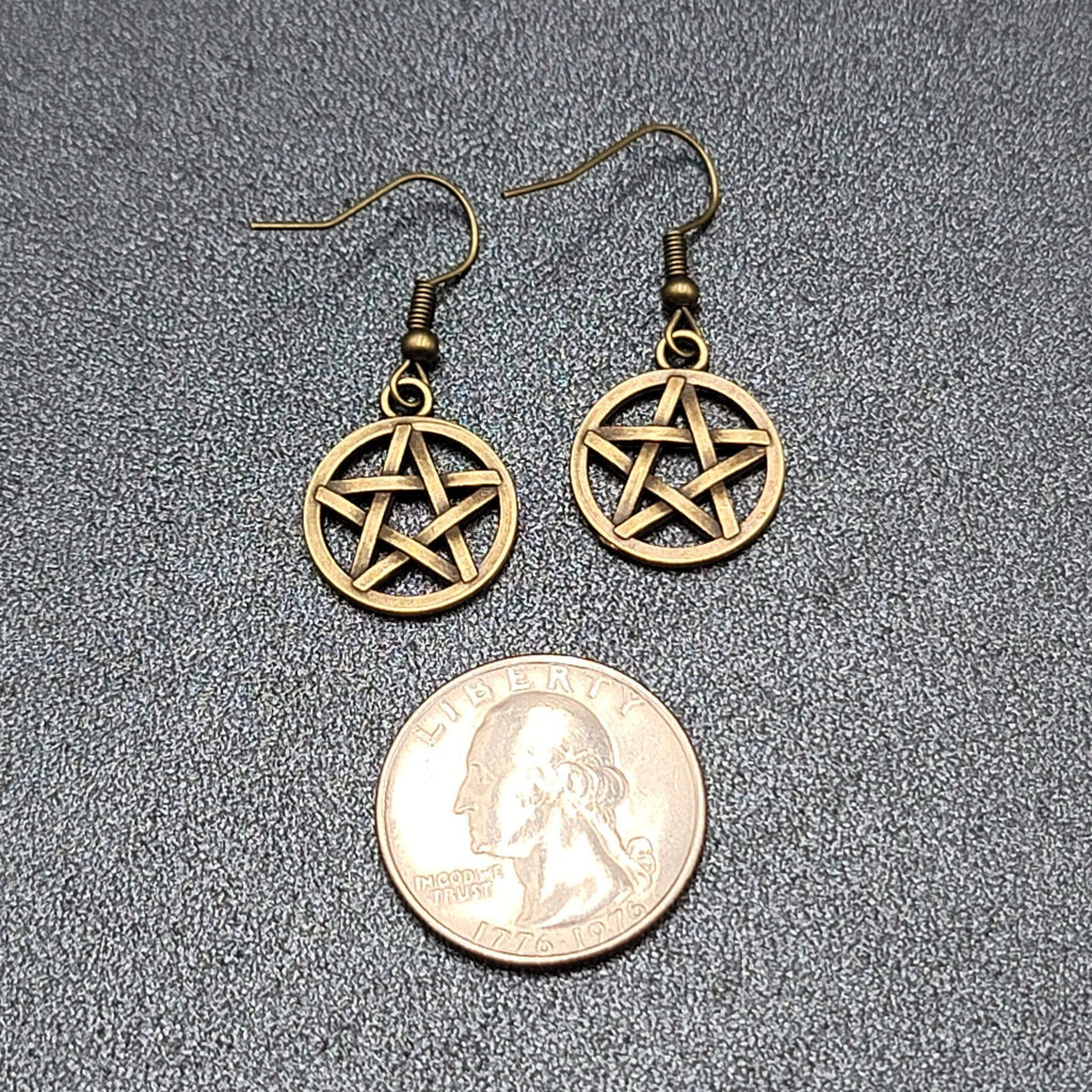 Pierced Earrings Bronze tone Round Pentacle Pentagram Dangle 3/4"