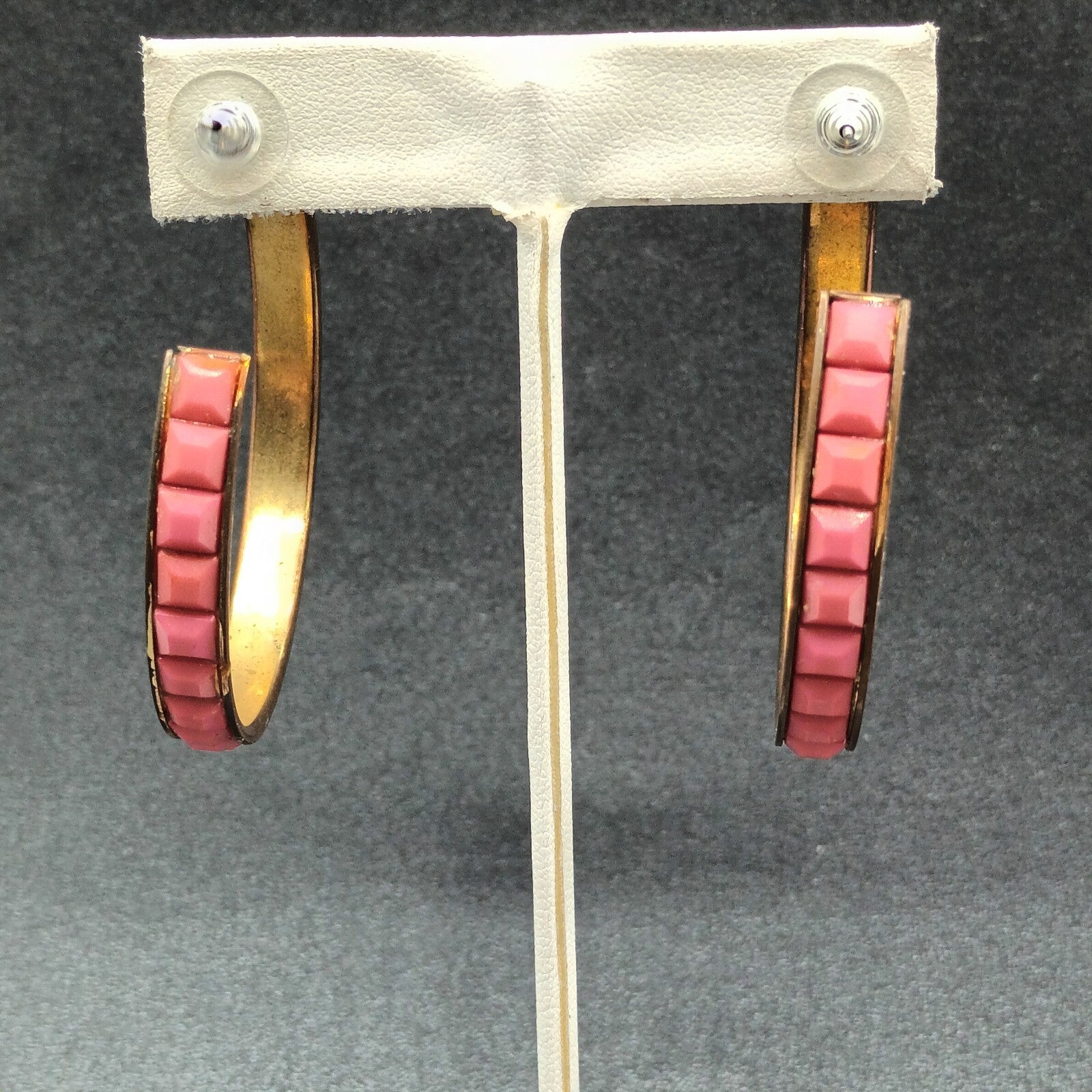 Pierced Earrings Bronze tone Pink Faceted Acrylic Statement Hoop 2 1/8"