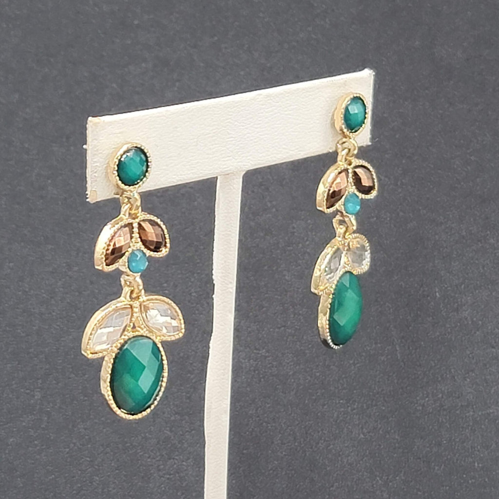 Pierced Earrings Gold tone Teal Green Faceted Acrylic Statement Drop 1 7/8"