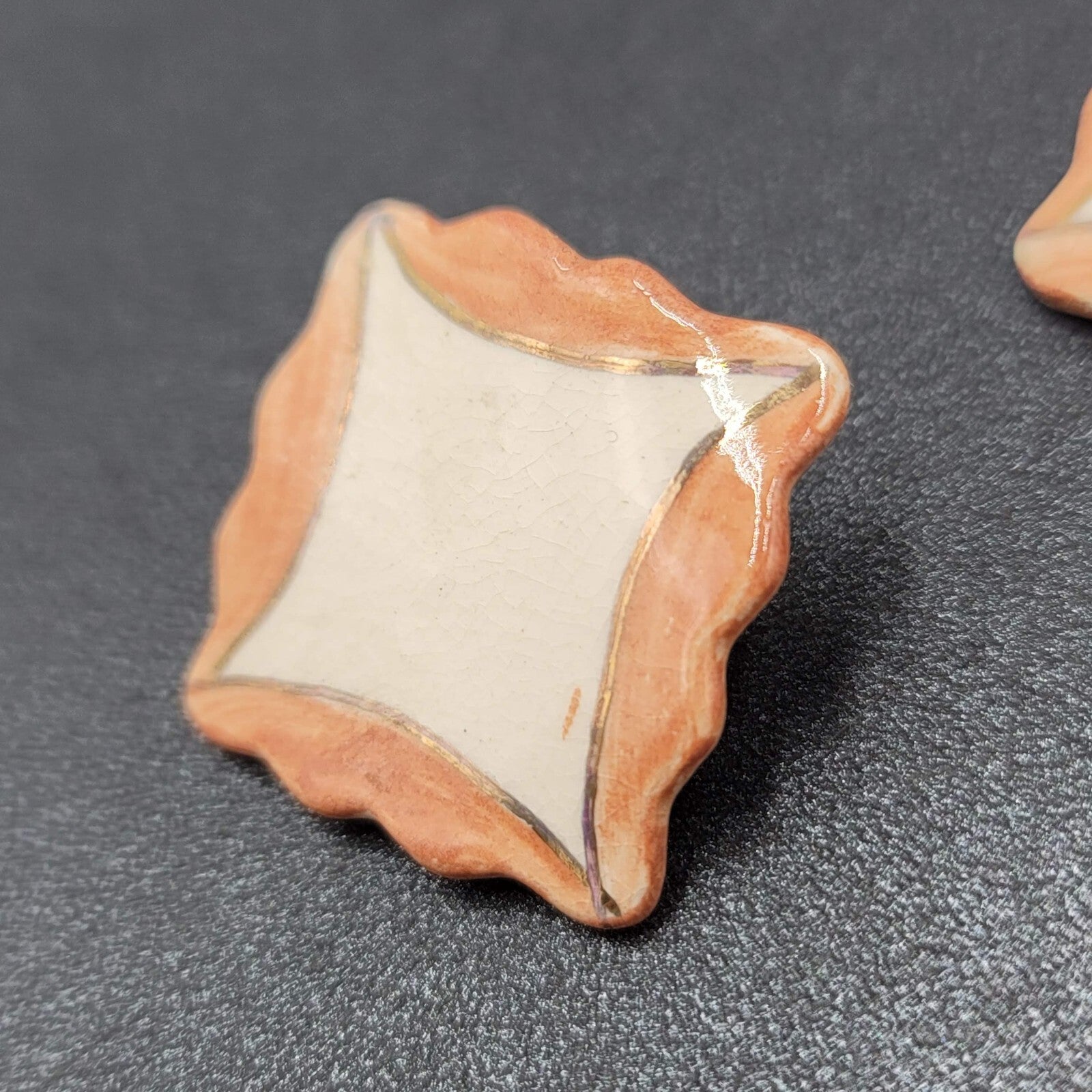 Vintage Pierced Earrings Ceramic Hand Painted Square Drop 1.25"