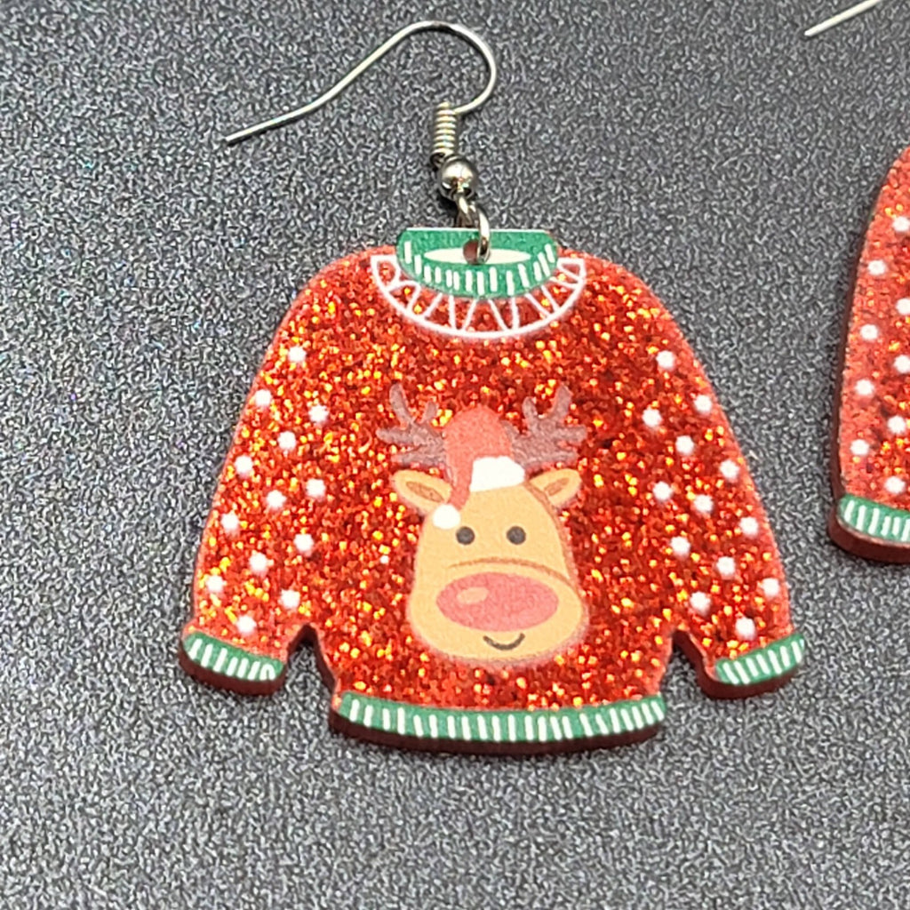 New Pierced Earrings Ugly Christmas Sweater Reindeer Dangle 1.5"