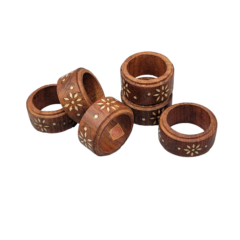 VINTAGE SET 6 VINTAGE MADE IN INDIA WOOD BRASS INLAY FLOWER NAPKIN RING