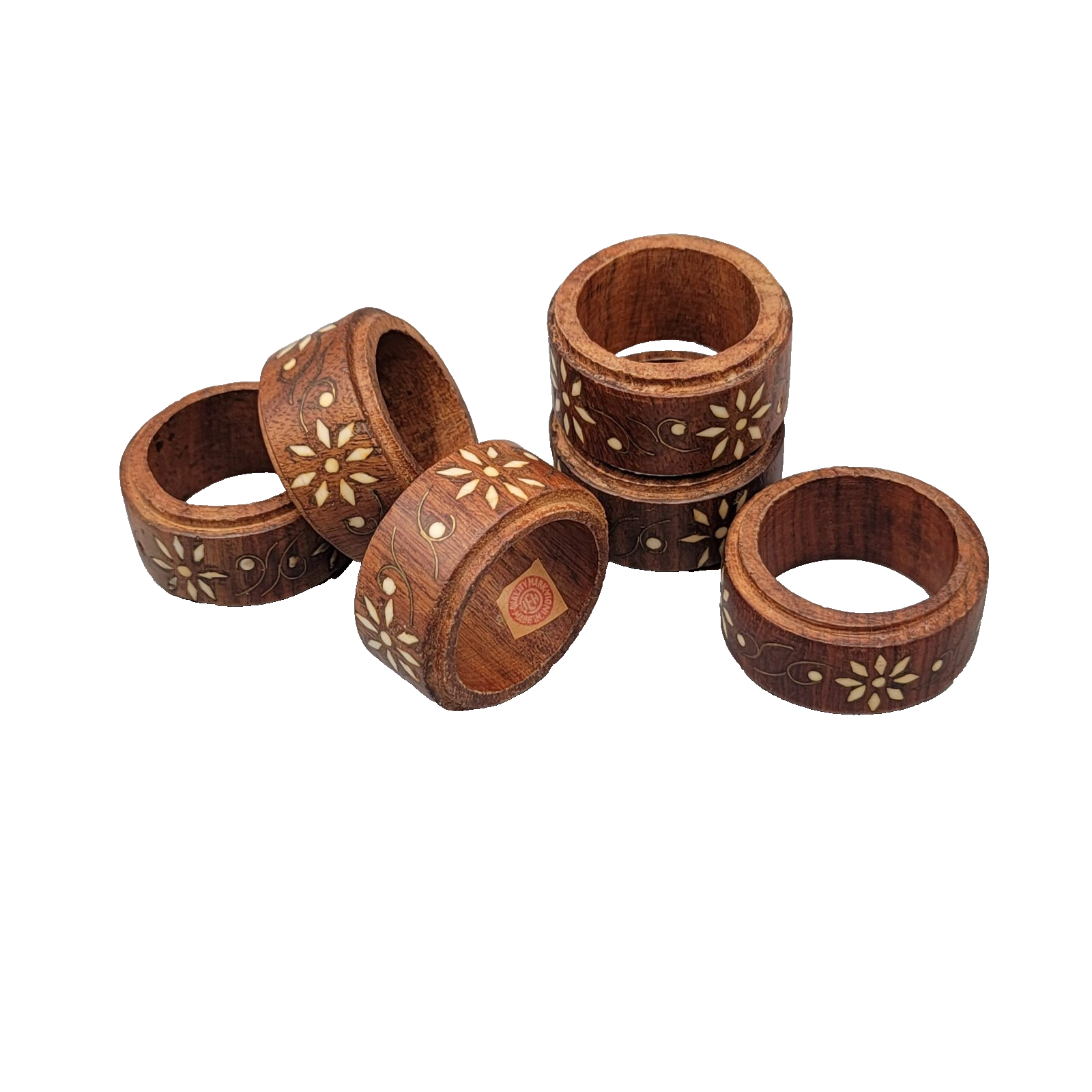 VINTAGE SET 6 VINTAGE MADE IN INDIA WOOD BRASS INLAY FLOWER NAPKIN RING