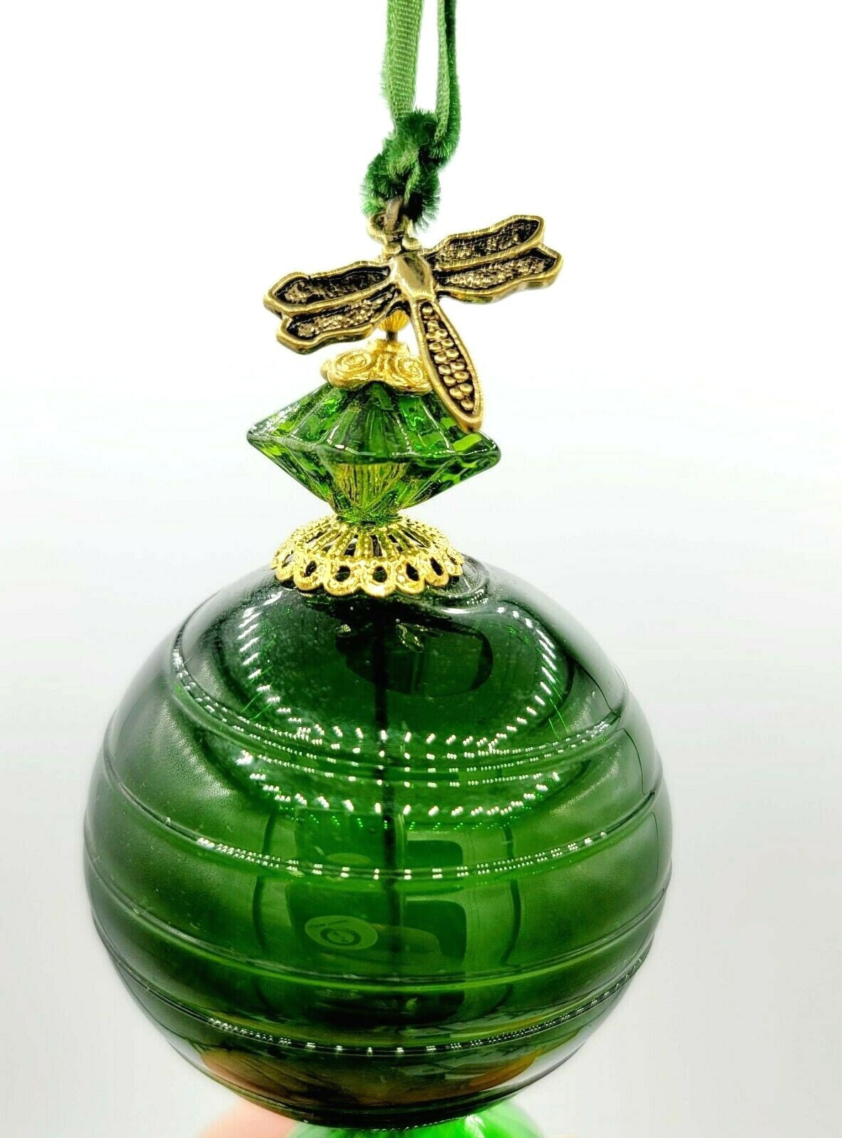 HAND BLOWN GLASS GREEN ORNAMENT 8" Gold Bead Accents Dragonfly