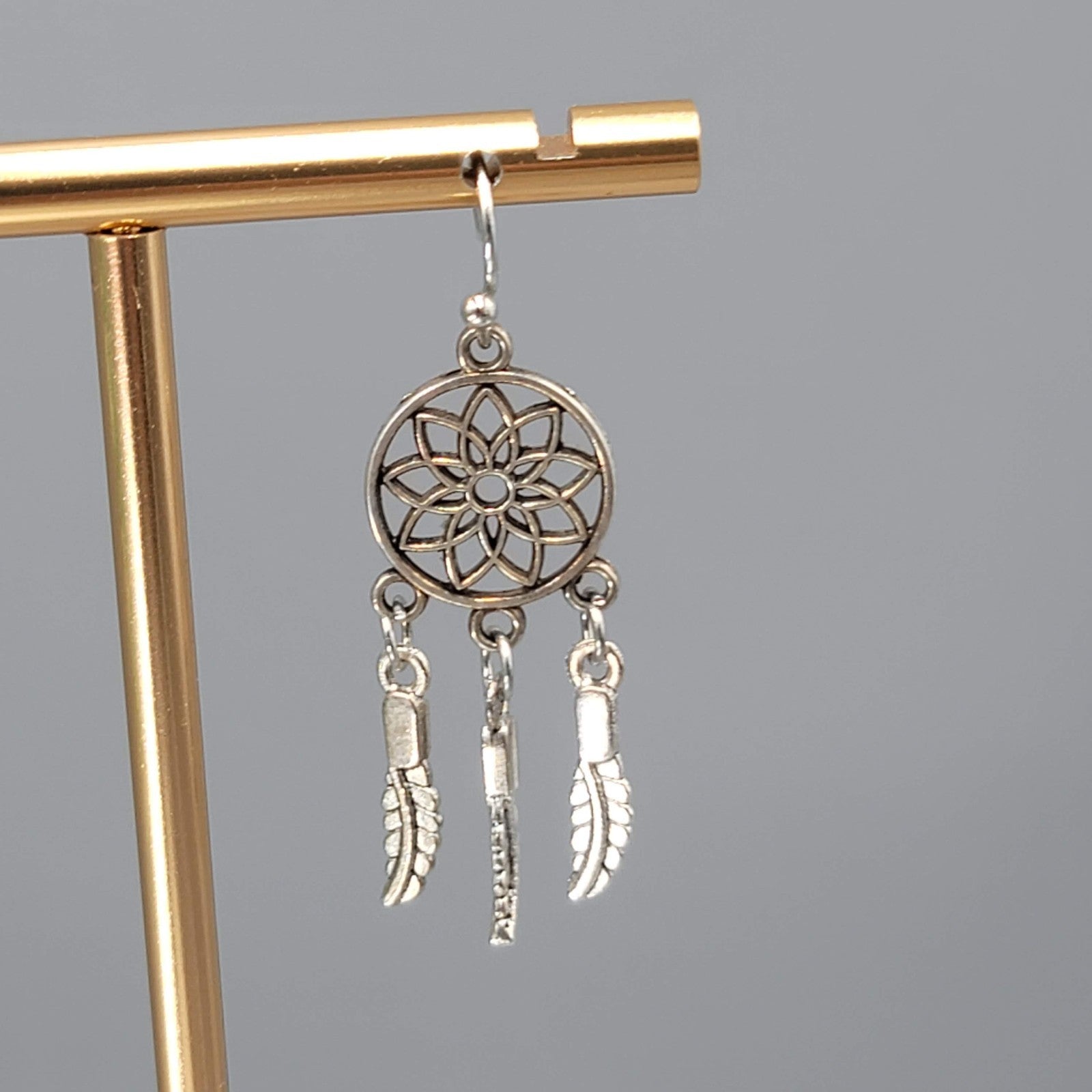 Dream Catcher Feather Pierced Earrings Silver tone Dangle 1.25 in