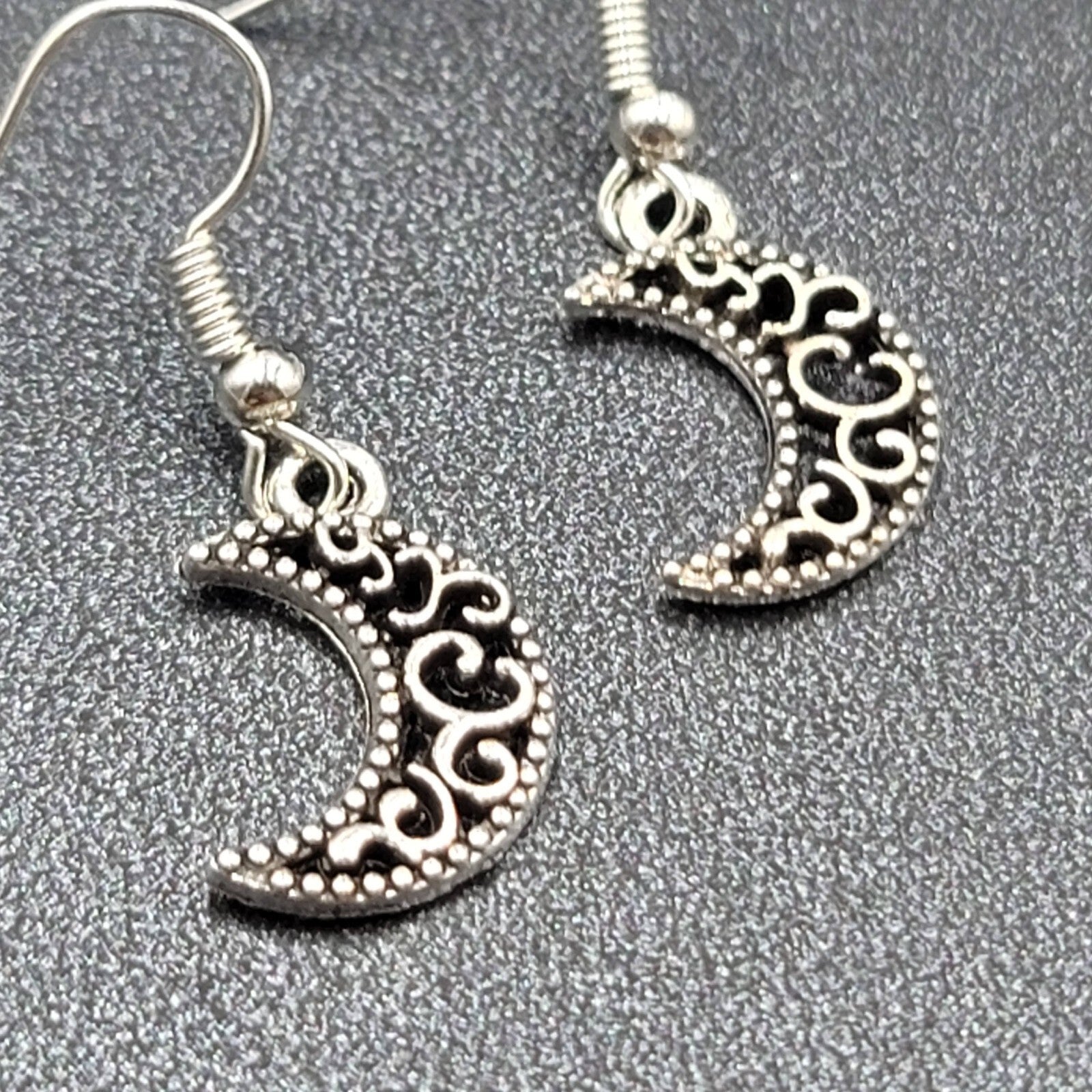 New MOON Pierced Earrings Silver tone Open Work Metal Dangle 5/8"