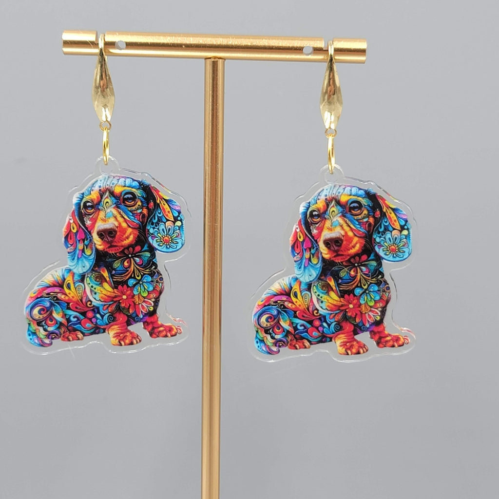 Colorful Dachshund Dog Pierced Earrings Acrylic Dangle Gold tone 1.75"