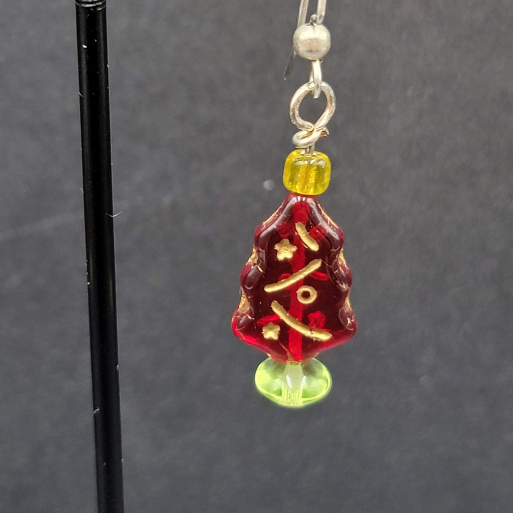 Pierced Earrings Silver tone Red Glass Bead Christmas Tree Dangle 1"