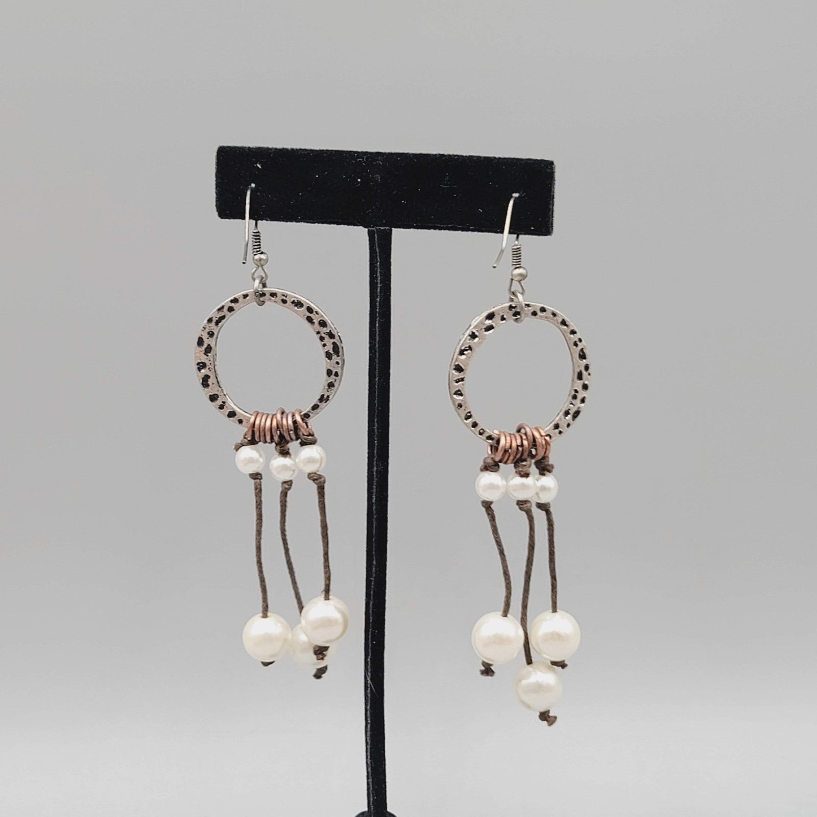 Boho Dangle Pierced Earrings Silver Tone Circle Faux Pearl Beads Gypsy 3"