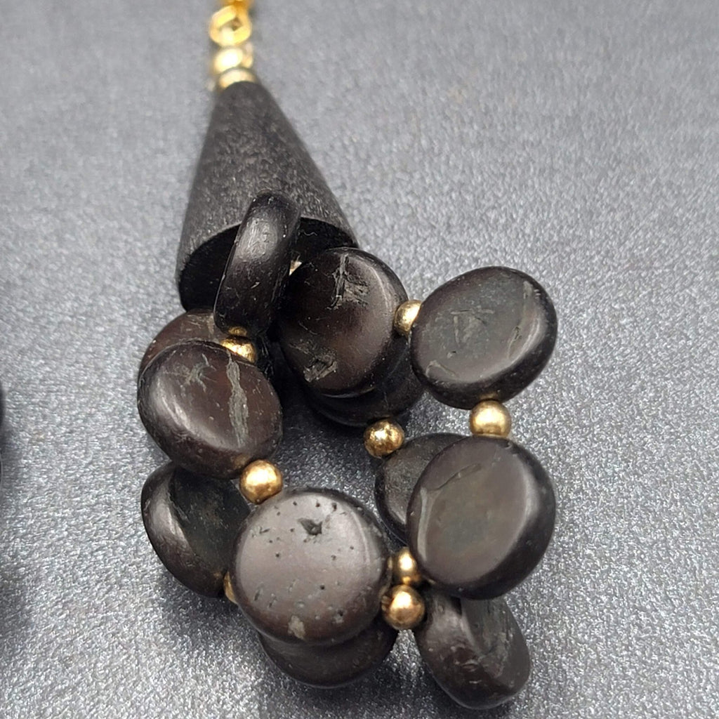 Vintage Pierced Earrings Black Coconut Beaded Statement 2.5"