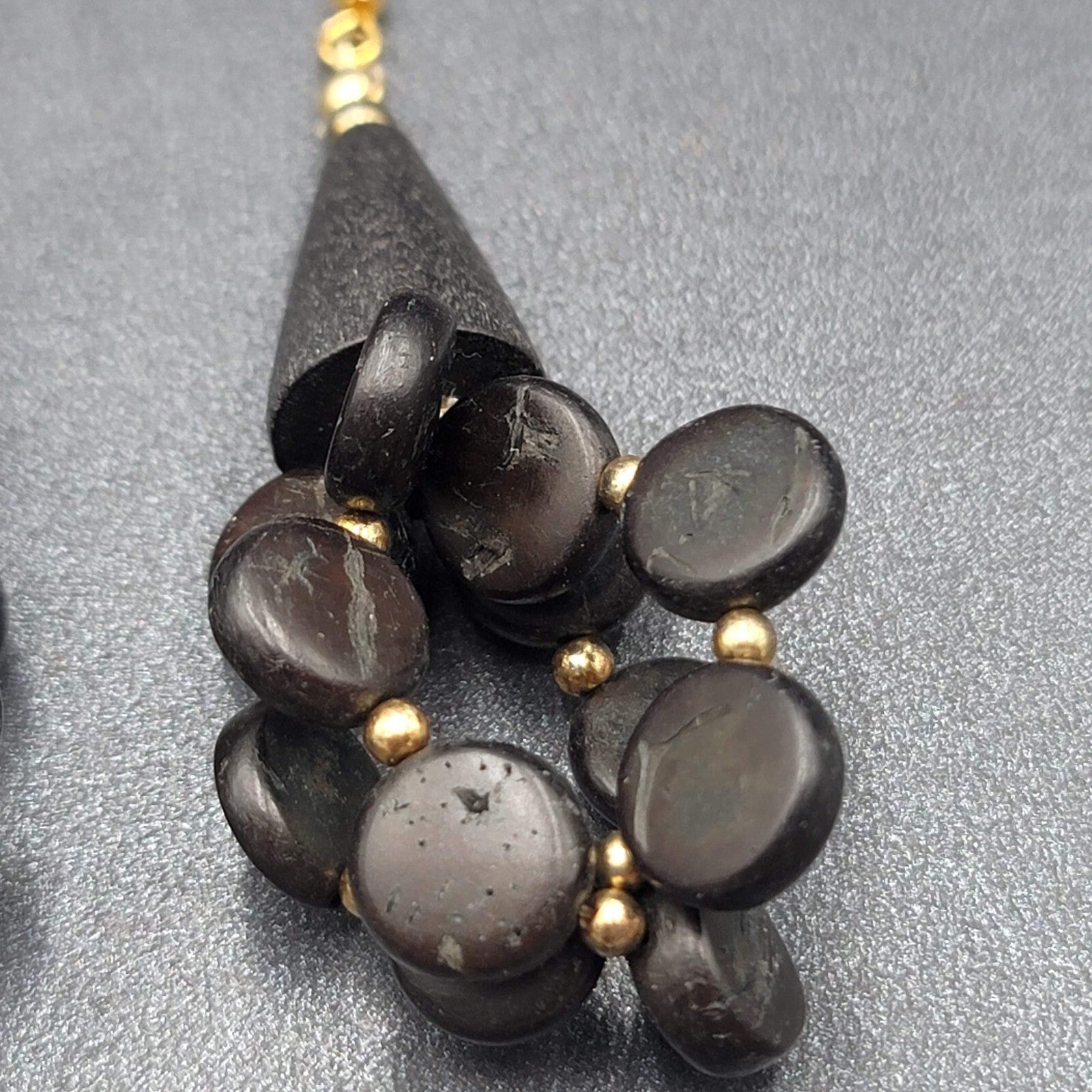Vintage Pierced Earrings Black Coconut Beaded Statement 2.5"