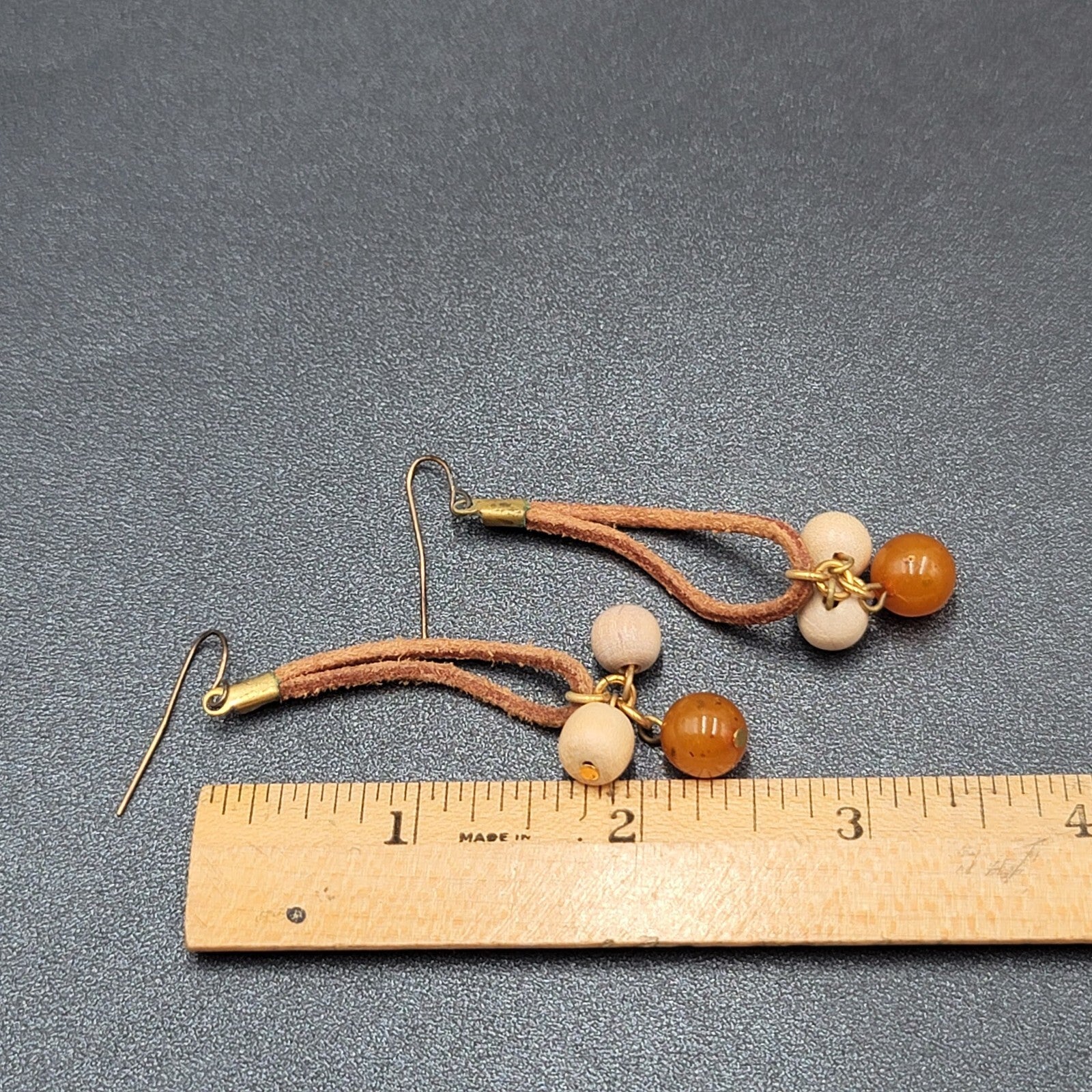 Vintage Boho Pierced Earrings Leather Stone Beaded Dangle 2.25"