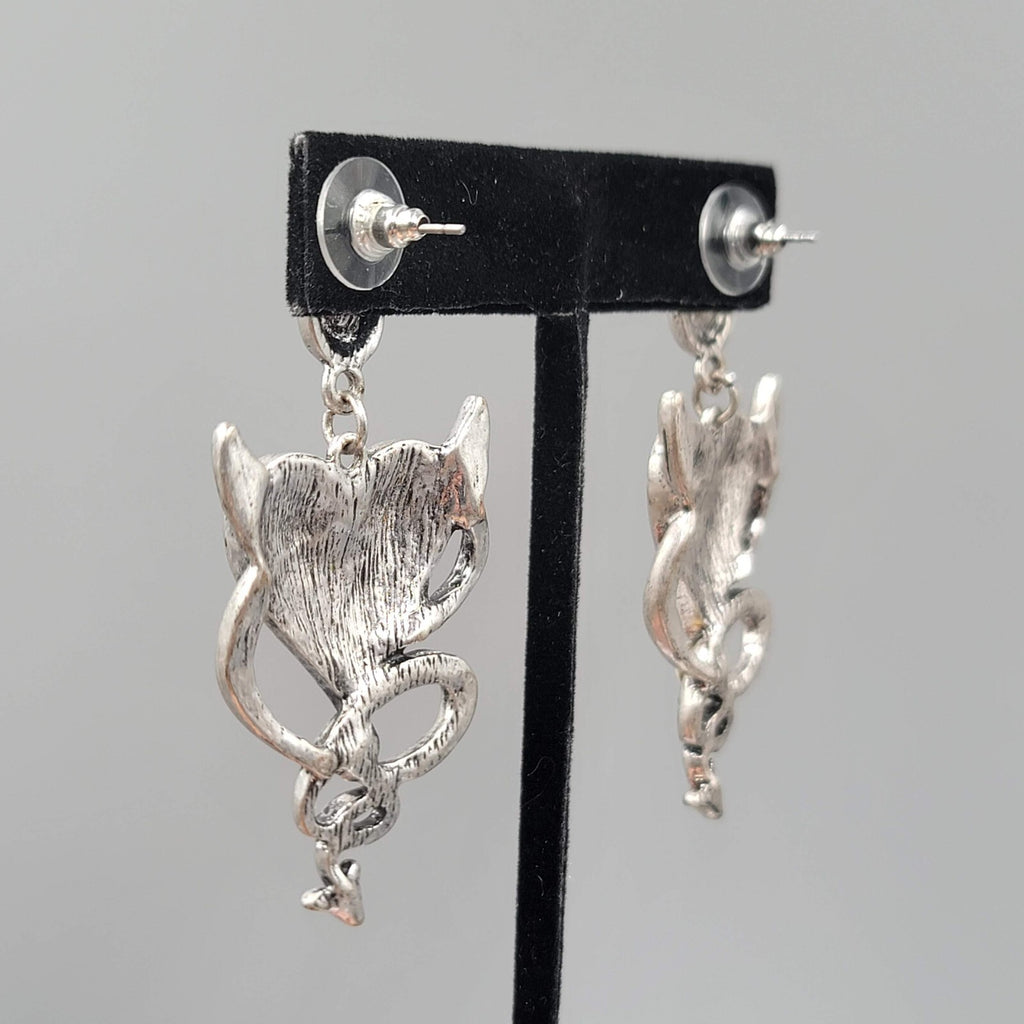 Devil Heart Pierced Earrings Red Enamel Crystal Silver tone Dangle 2 3/8"
