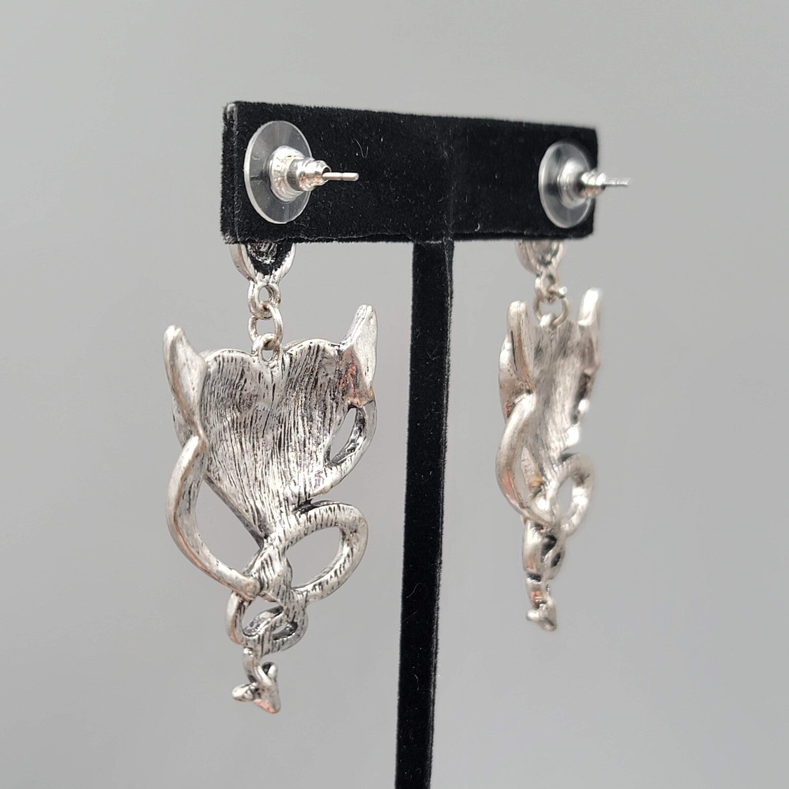 Devil Heart Pierced Earrings Red Enamel Crystal Silver tone Dangle 2 3/8"