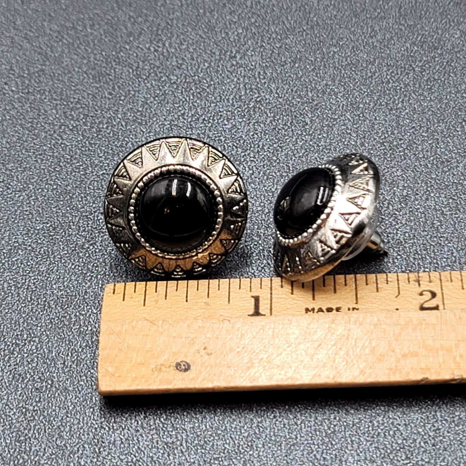 Vintage Pierced Earrings Silver tone Black Acrylic Cabochon Round Studs 1"