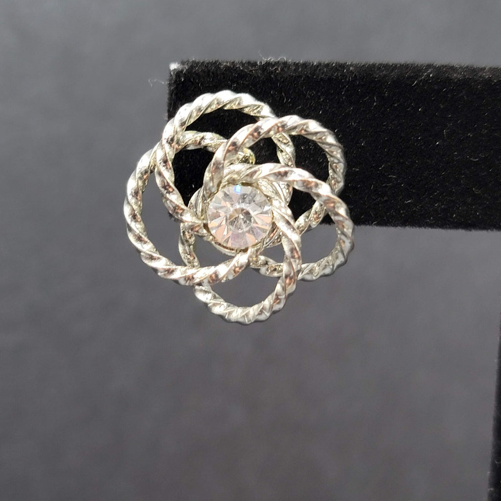 Vintage Pierced Earrings Silver tone Wire Knot Studs Rhinestone Center 3/4"