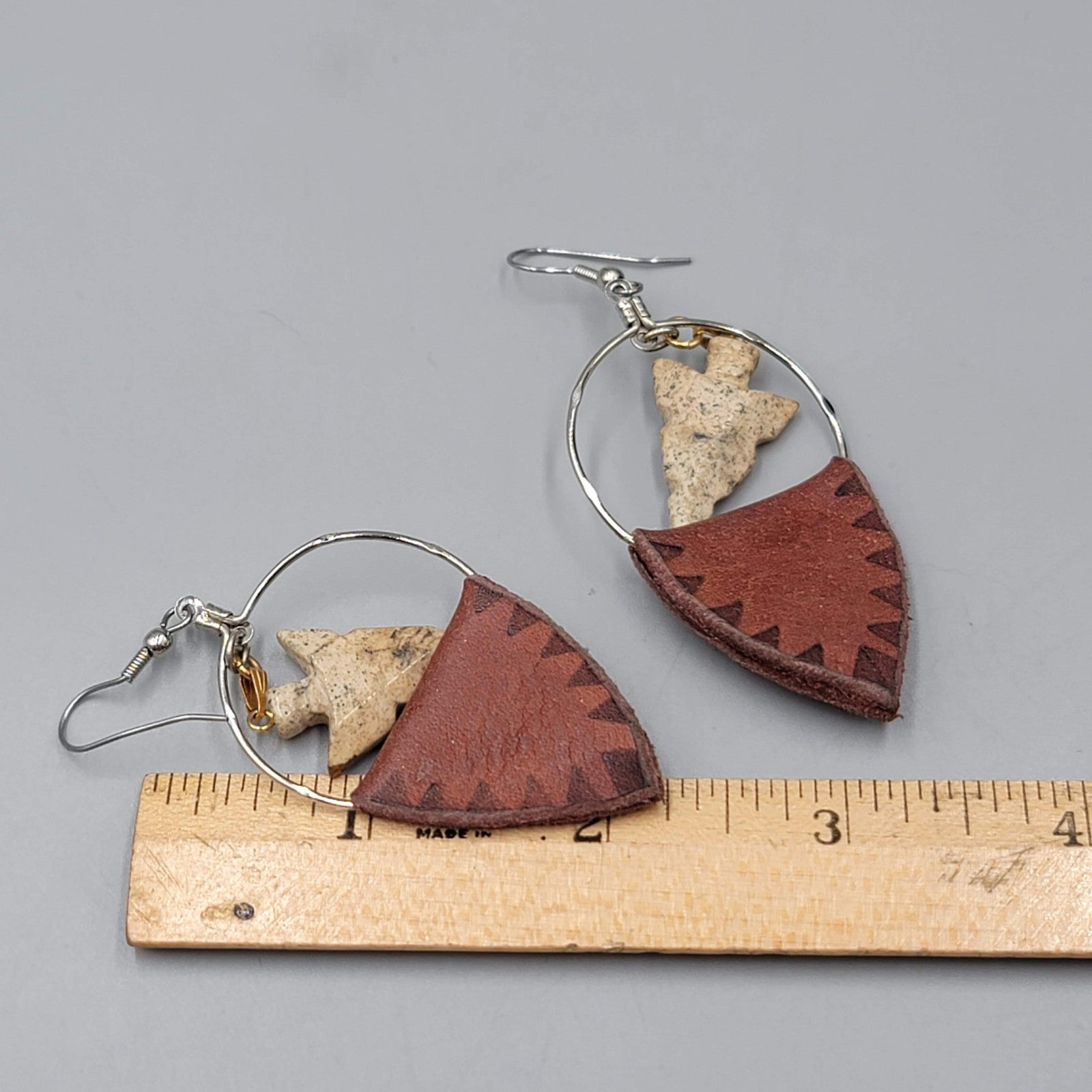 Arrowhead Pierced Earrings Boho Dangle Leather Stone Western Southwestern 2.25"