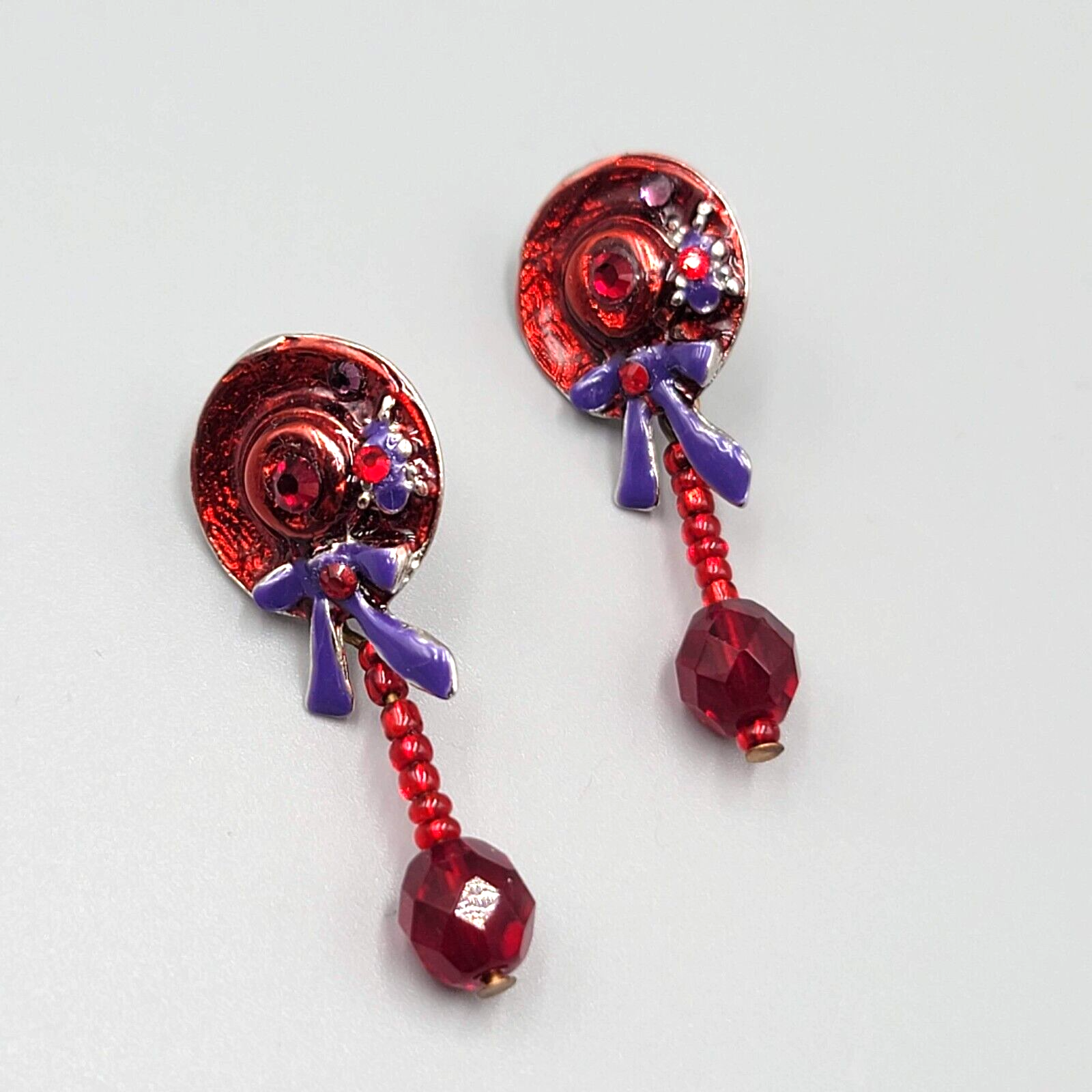 Vintage Red Hat Society Pierced Earrings Enamel Dangle 1.5"