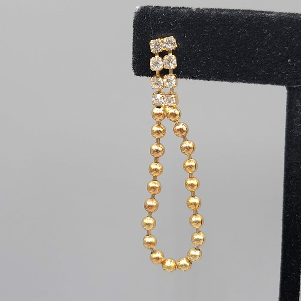 Vintage Dangle Ball Chain Pierced Earrings Rhinestone Gold tone Dangle 2"