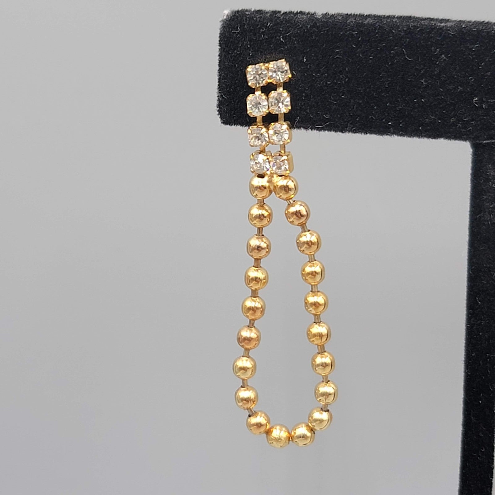 Vintage Dangle Ball Chain Pierced Earrings Rhinestone Gold tone Dangle 2"