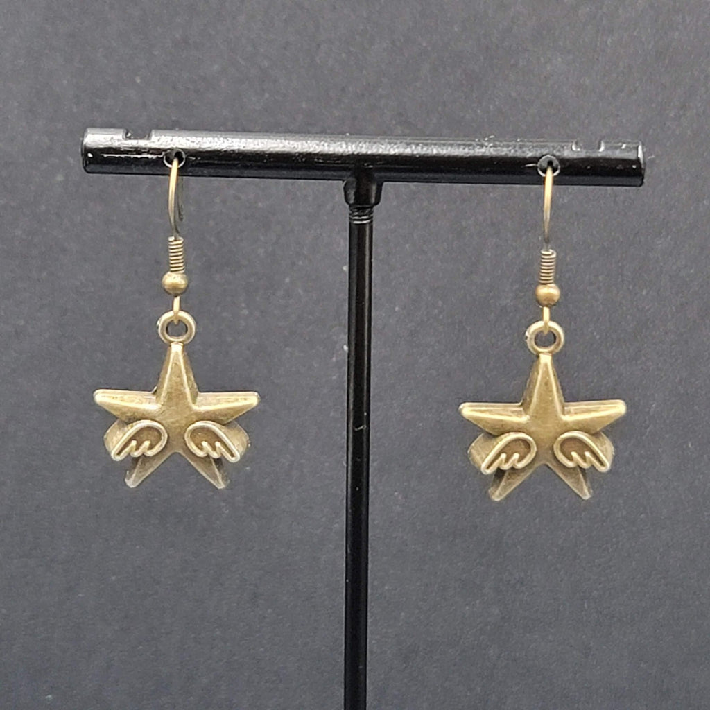 New WINGED STARS Pierced Earrings Bronze tone Dangle 7/8"