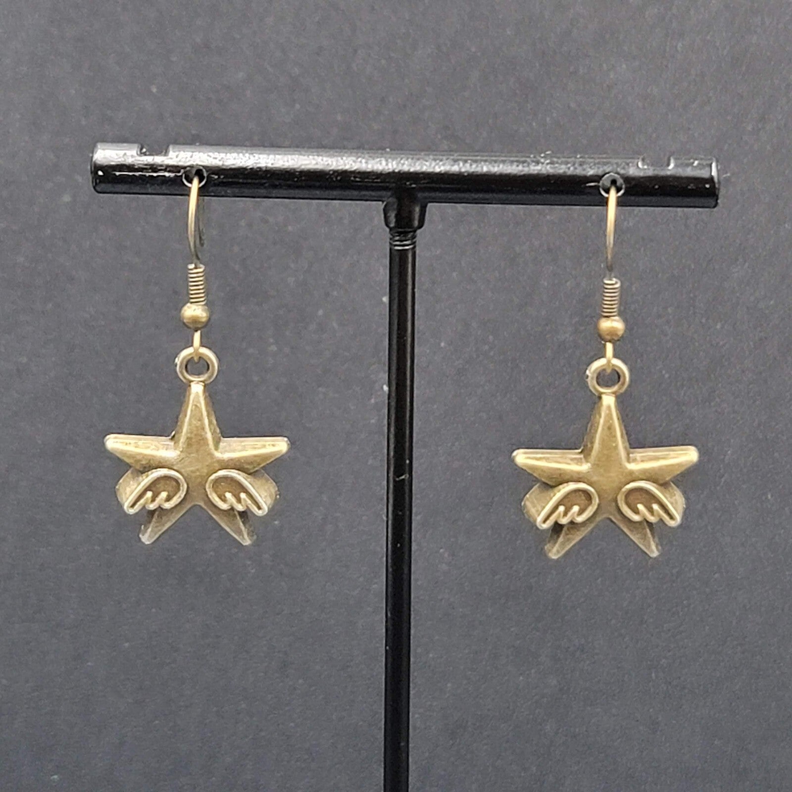 New WINGED STARS Pierced Earrings Bronze tone Dangle 7/8"