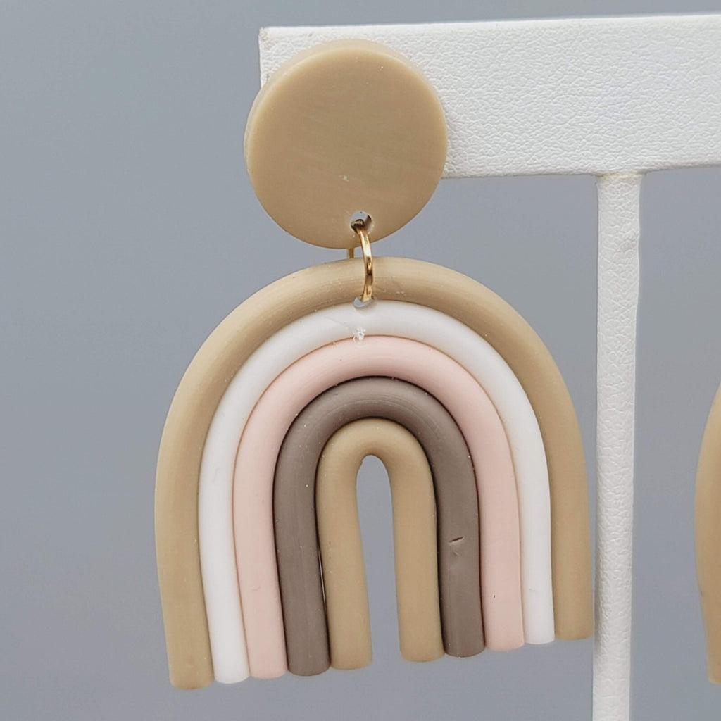 Polymer Clay Statement Pierced Earrings Tan White Pink Dangle 2.25"