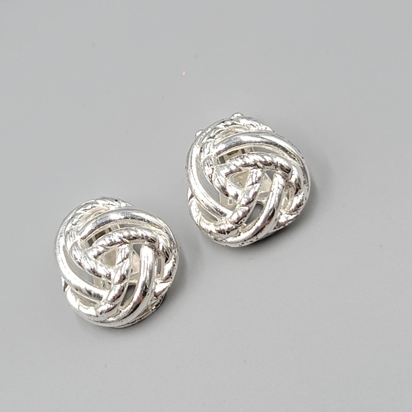 Vintage Open Work Knot Clip on Earrings Silver tone Studs 5/8"