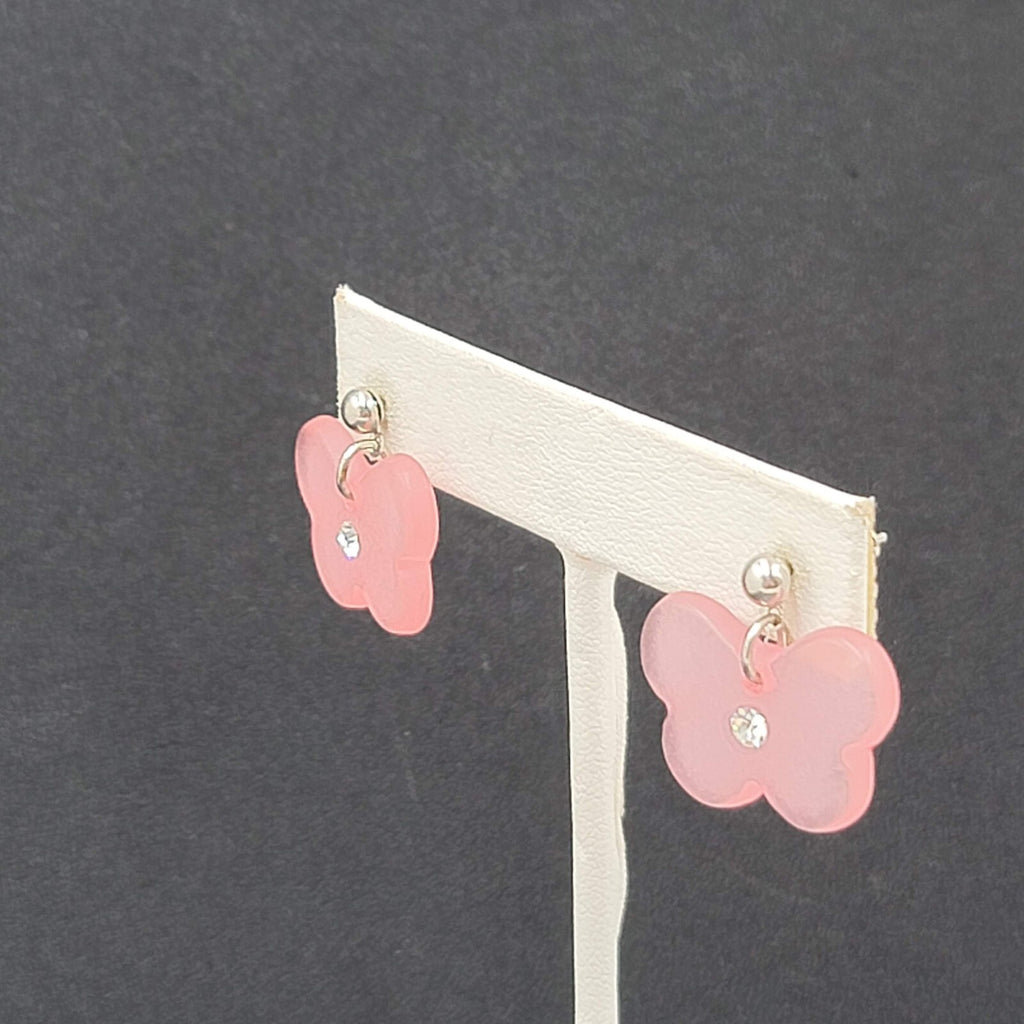 Butterfly Pierced Earrings Silver tone Pink Acrylic Bead Dangle 3/4"