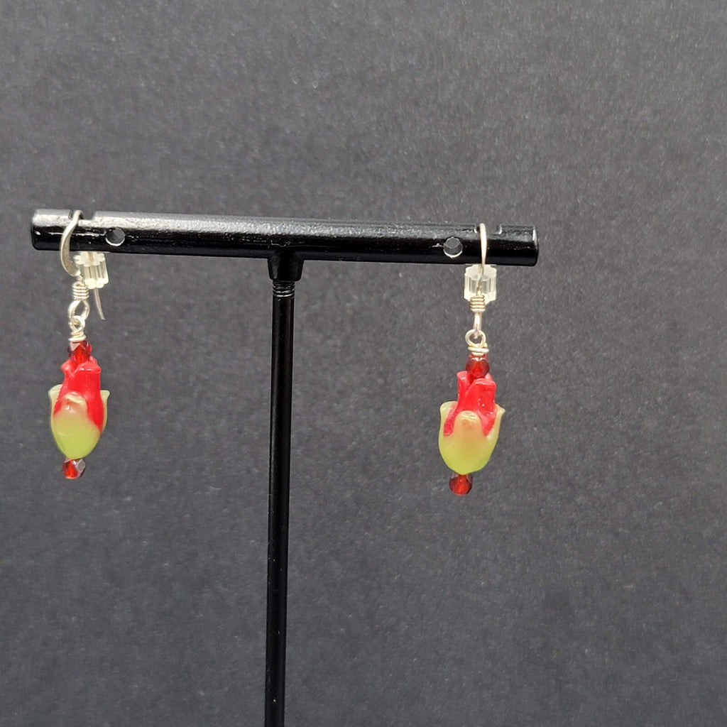 Sterling Silver Pierced Earrings Red Green Glass Tulip Flower Dangle 3/4" 925