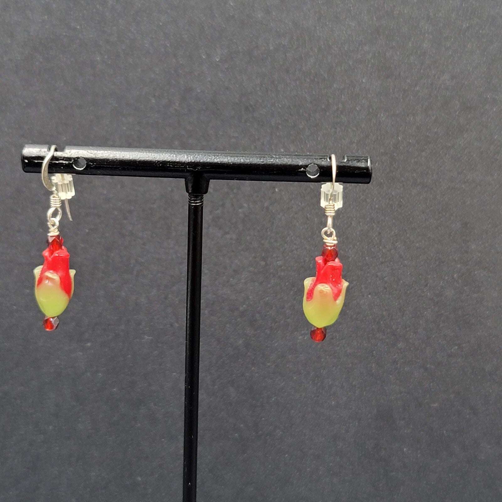 Sterling Silver Pierced Earrings Red Green Glass Tulip Flower Dangle 3/4" 925