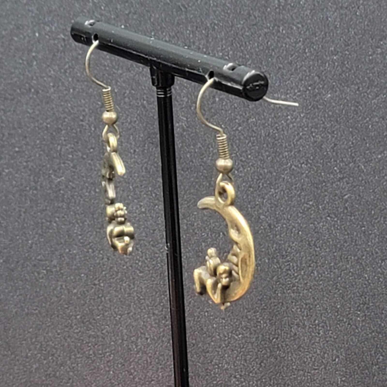 New Cherub Angel Moon Pierced Earrings Bronze tone Dangle 3/4"
