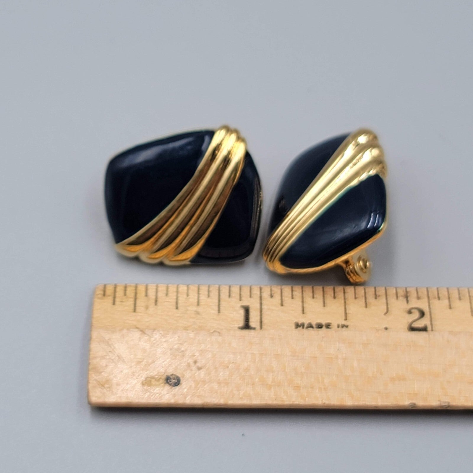 Vintage Monet Clip on Earrings Navy Blue Enamel Drop 7/8"