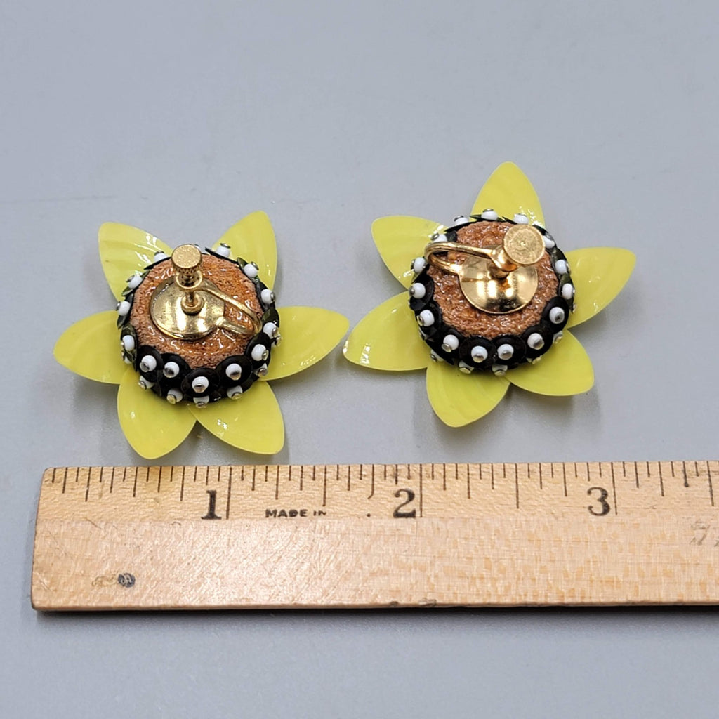 Vintage Yellow Black Flower Clip on Earrings Large Statement Drop 1.75"