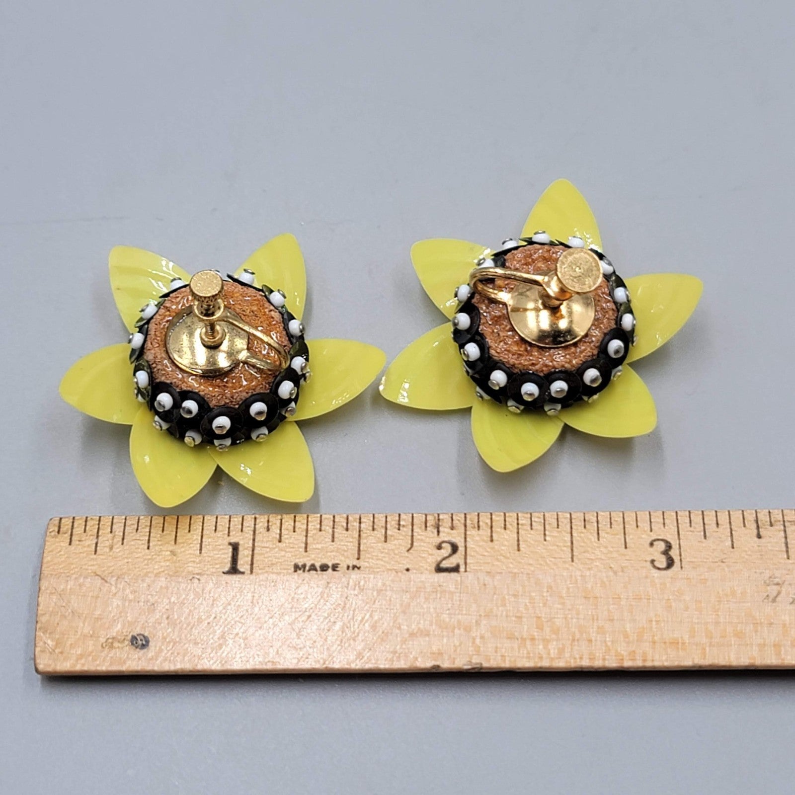 Vintage Yellow Black Flower Clip on Earrings Large Statement Drop 1.75"