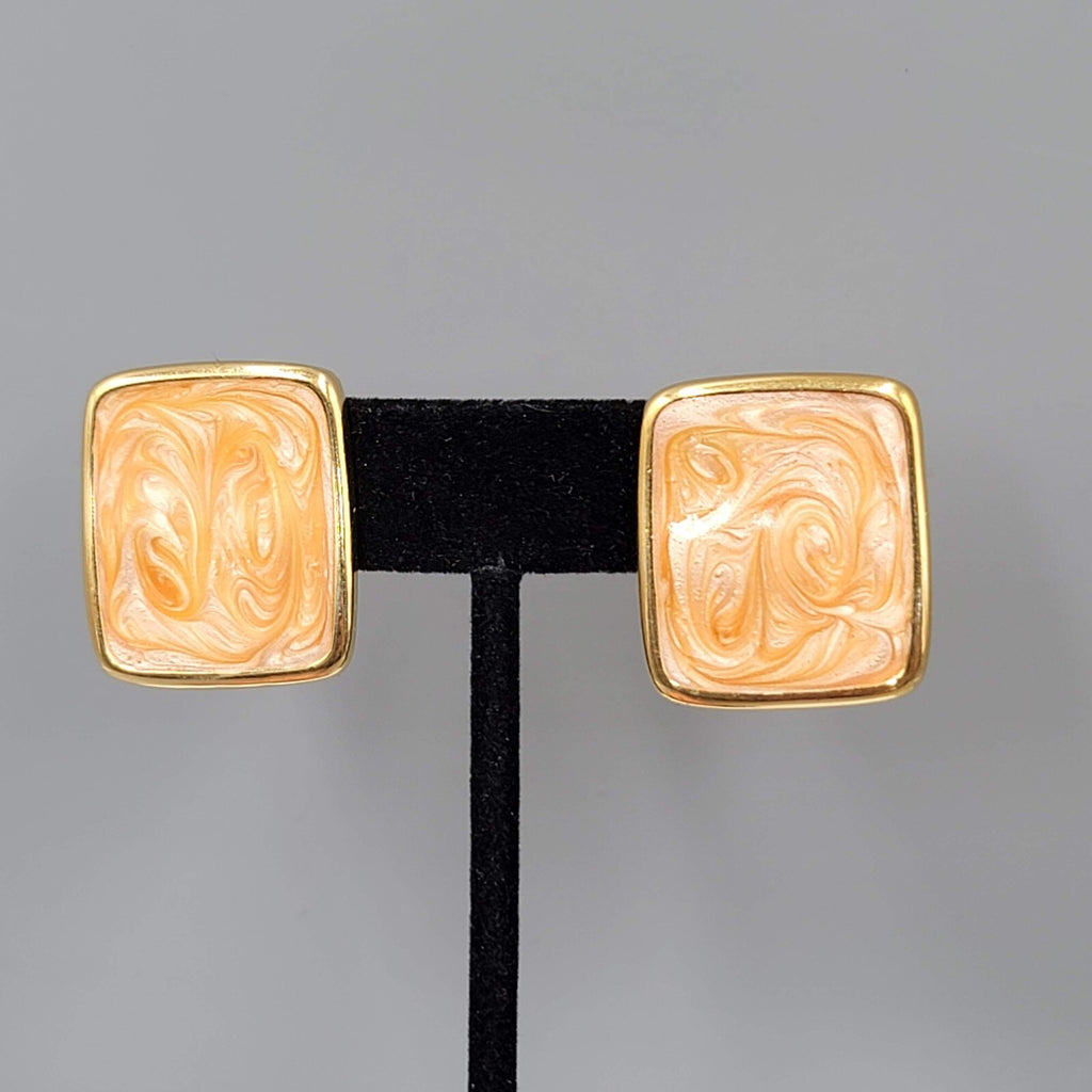Vintage Monet Clip on Earrings Gold plated Rectangle Peach Swirl Enamel Drop 1"