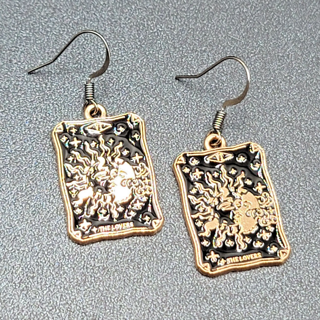 Tarot Card Pierced Earrings The LOVERS Sun and Moon Gold tone Black 1"