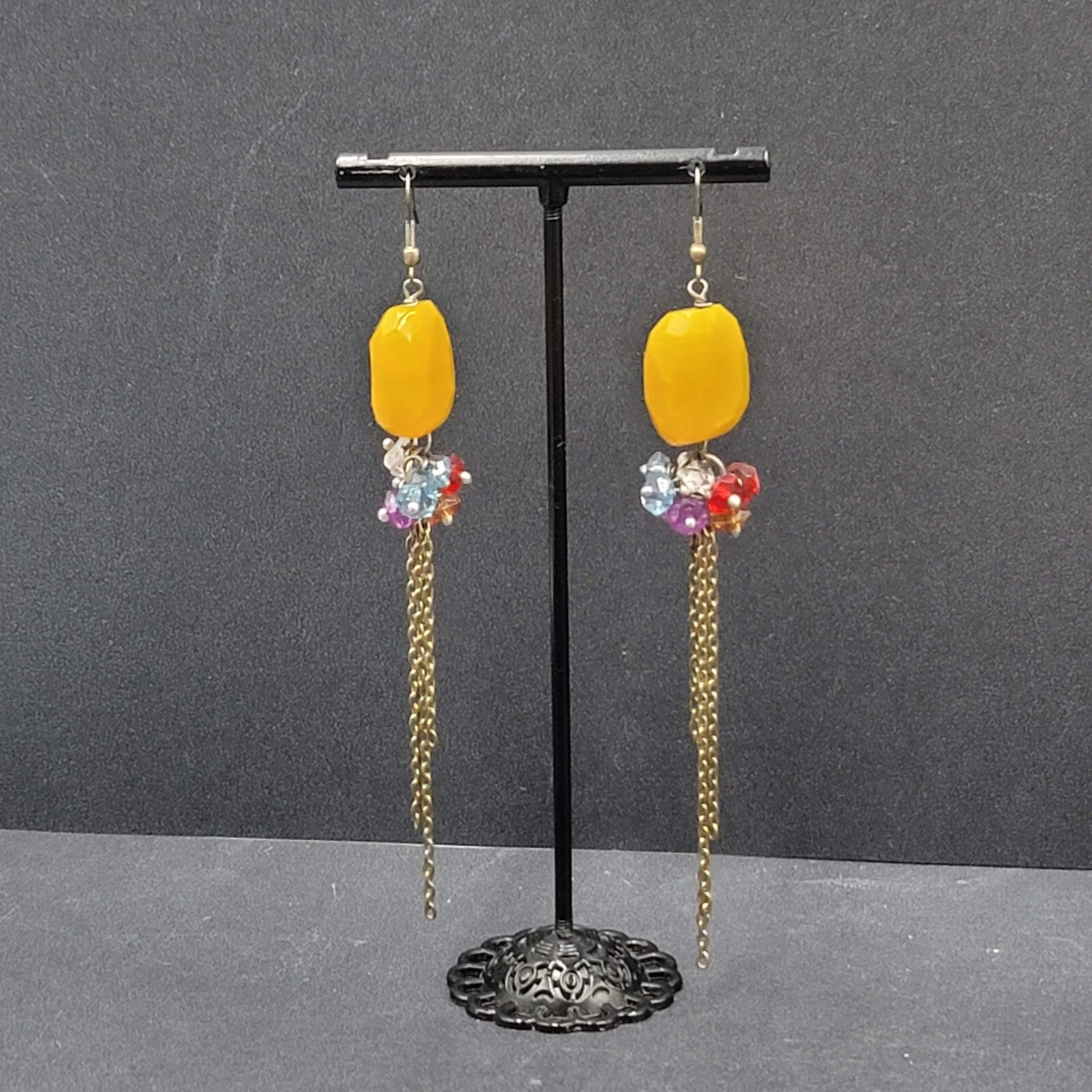 Pierced Earrings Multicolor Quartz Bead Statement Dangle Chains 3.75"