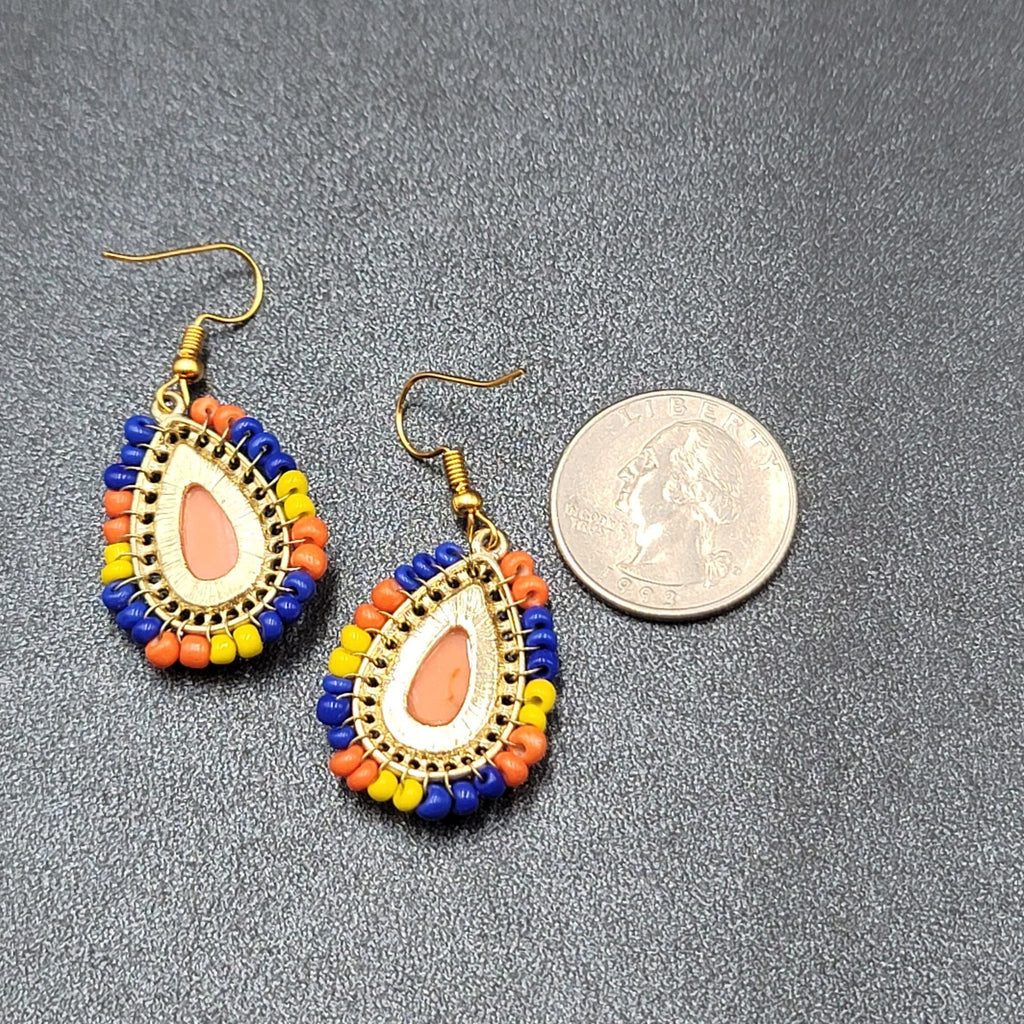 Pierced Earrings Gold tone Orange Teardrop Multicolor Beads 1 1/8"