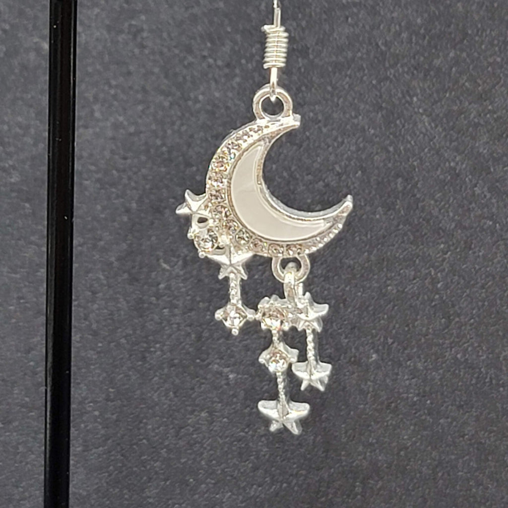 Moon Pierced Earrings Silver tone Crystal Rhinestone Dangle 1.5"