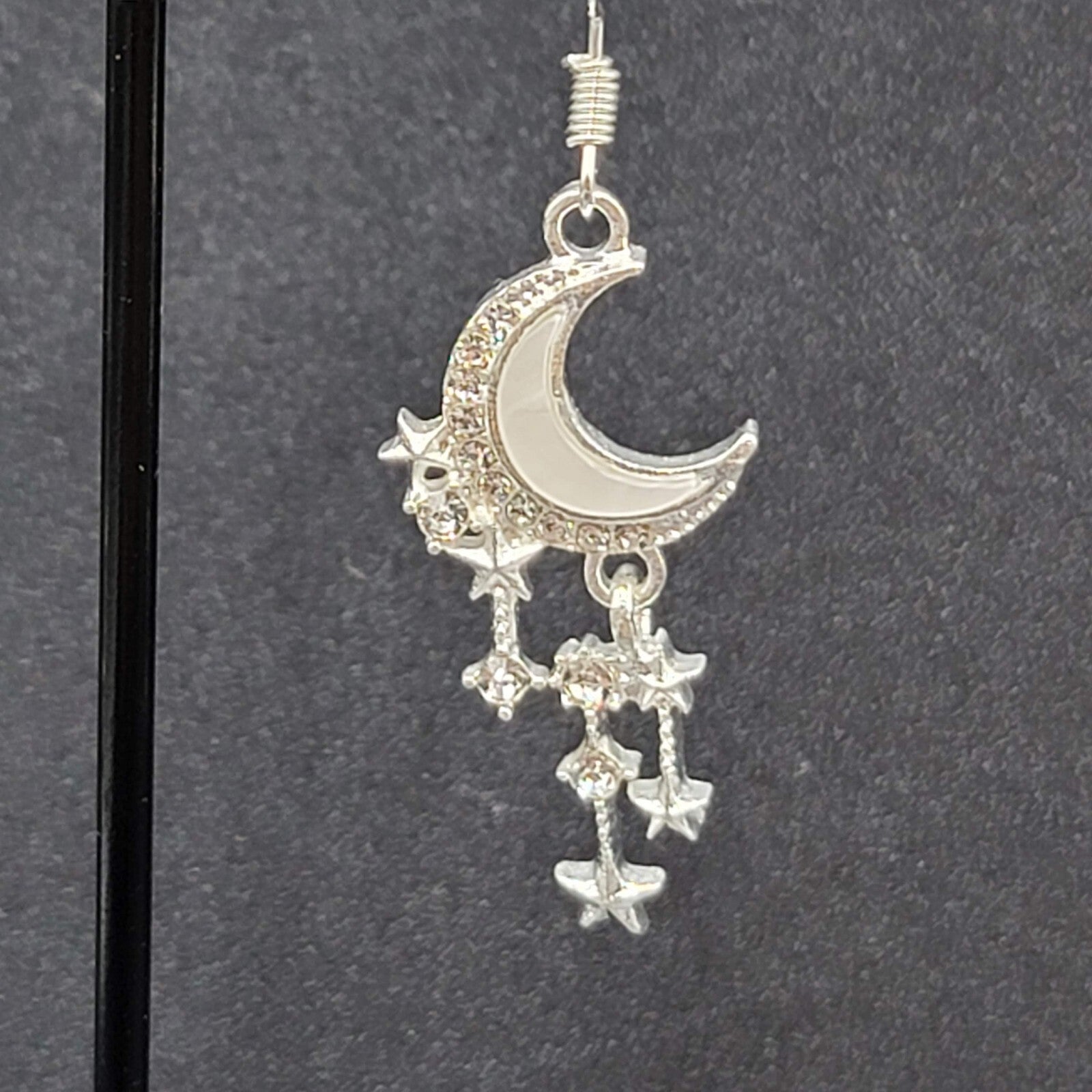 Moon Pierced Earrings Silver tone Crystal Rhinestone Dangle 1.5"