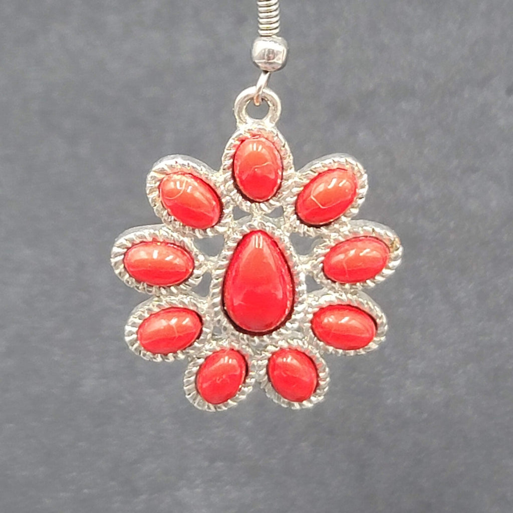 Pierced Earrings Silver tone Red Acrylic Accents 1 1/8"