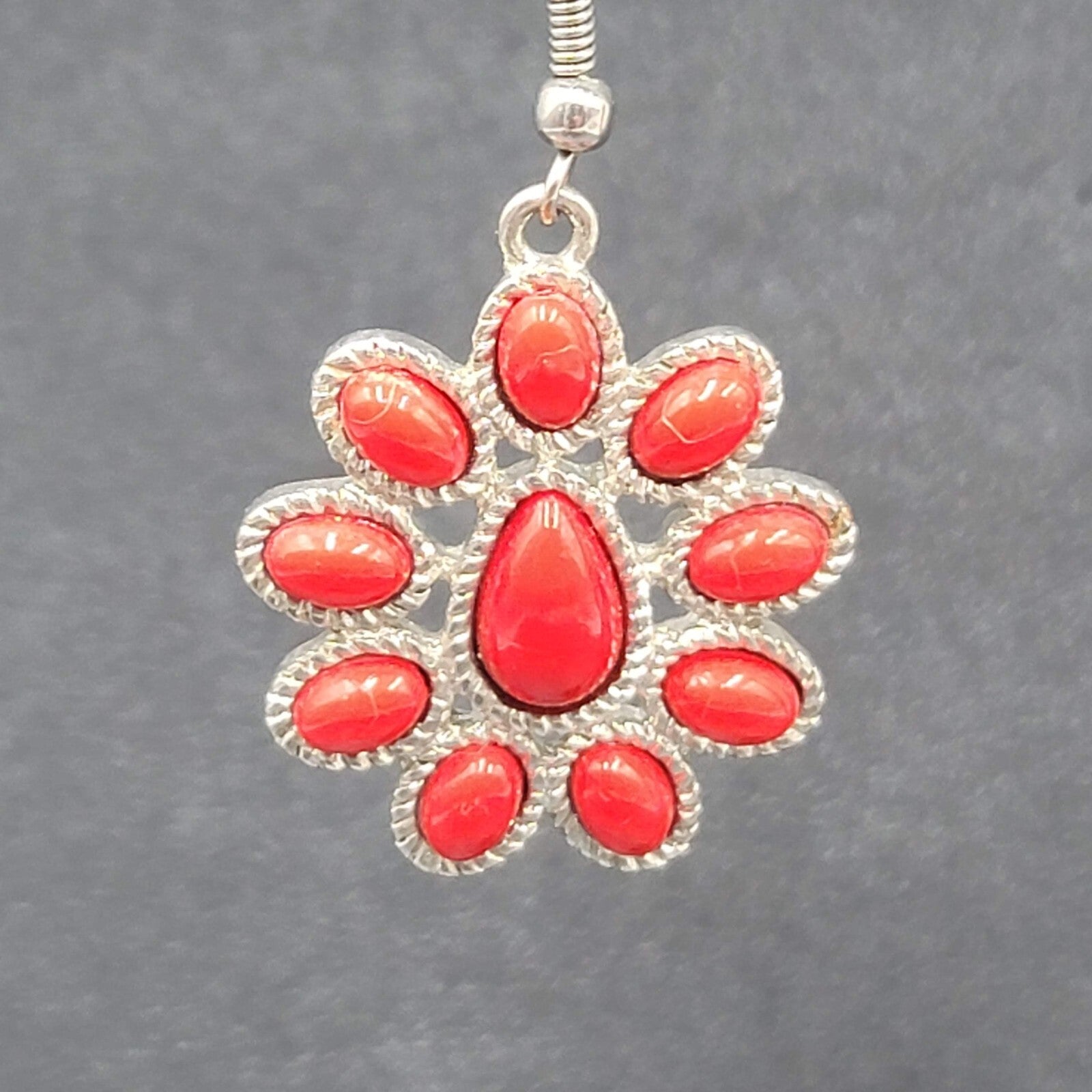 Pierced Earrings Silver tone Red Acrylic Accents 1 1/8"